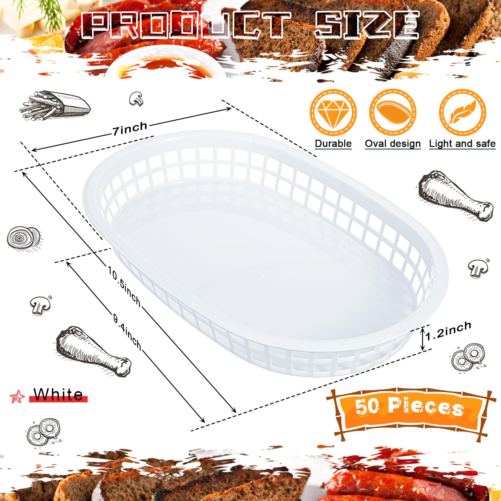 50 Pack White 10.5 x 7 Inch Oval Plastic Fast Food Baskets - Reusable Chip & Bread Baskets for Restaurants, Hot Dogs, Deli, Chicken Fries, Burgers - Perfect for Serving, Food Display & Commercial Kitchen Use