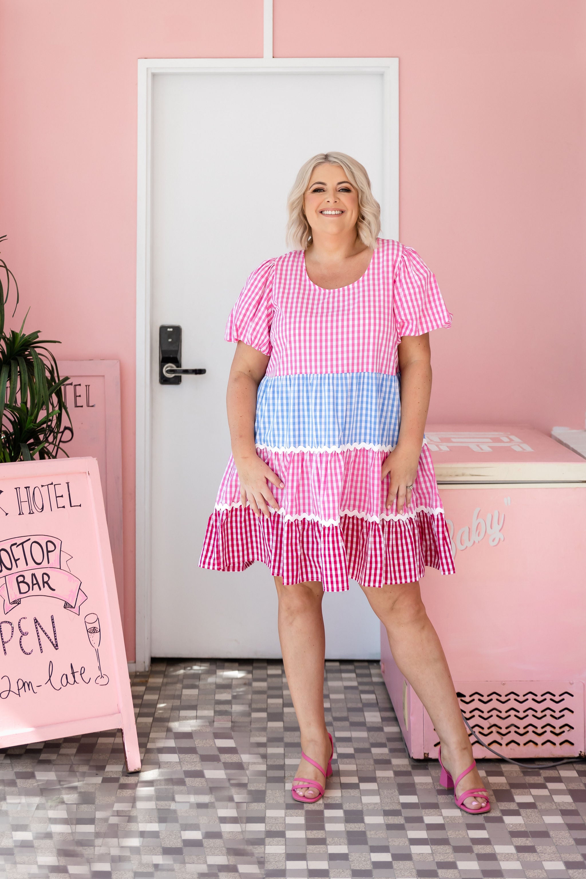 Greta Party Dress in Gingham Mix - Stylish Floral Print Women's Party Gown for Cocktail, Wedding & Special Occasions