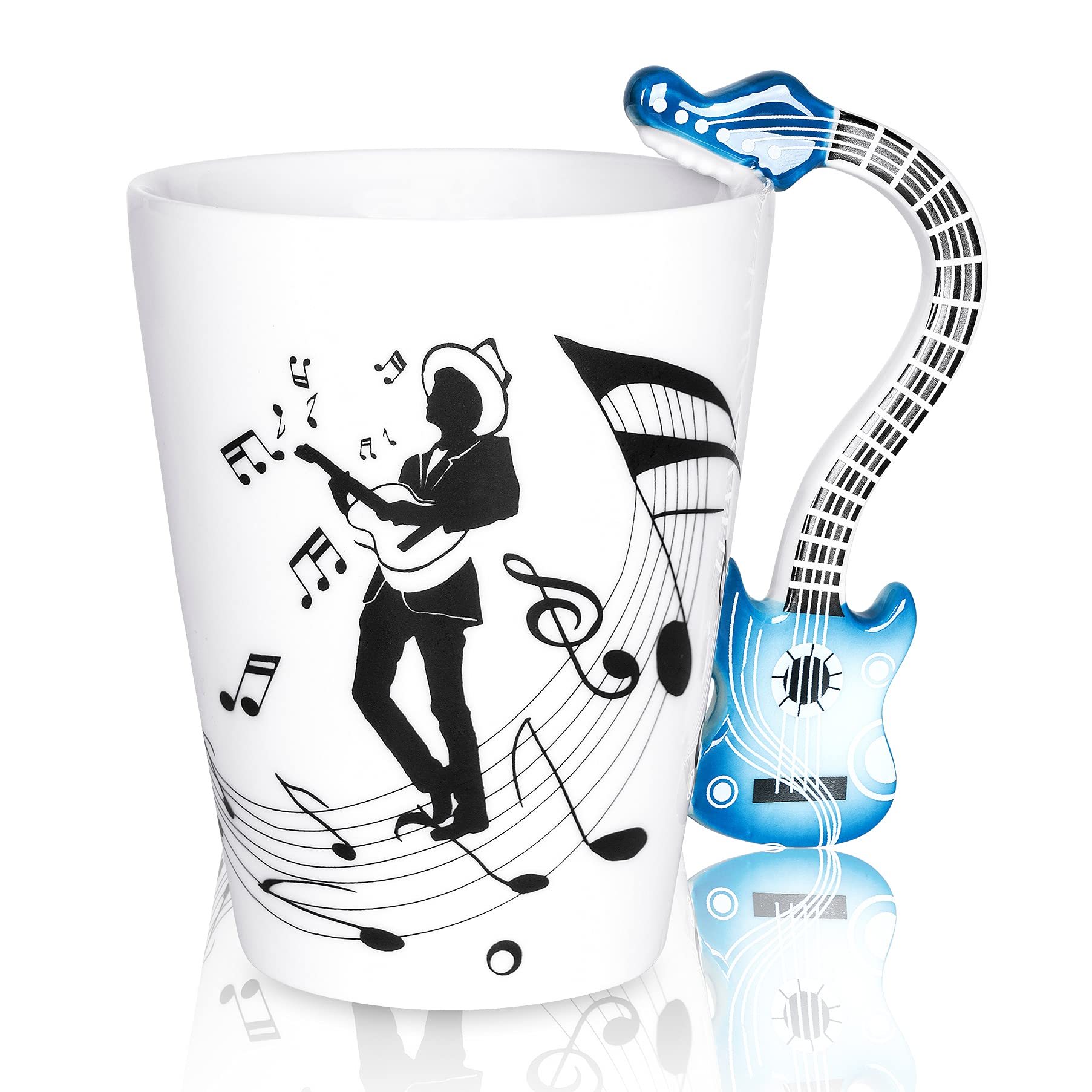 13.5 oz Guitar Shaped Coffee Mug - Perfect Music Gift for Guitar Players & Musicians - Ceramic Cup for Guitar Lovers - Ideal Birthday & Christmas Present for Men & Women (Blue) - Great for Coffee, Tea or Office Desk Decor