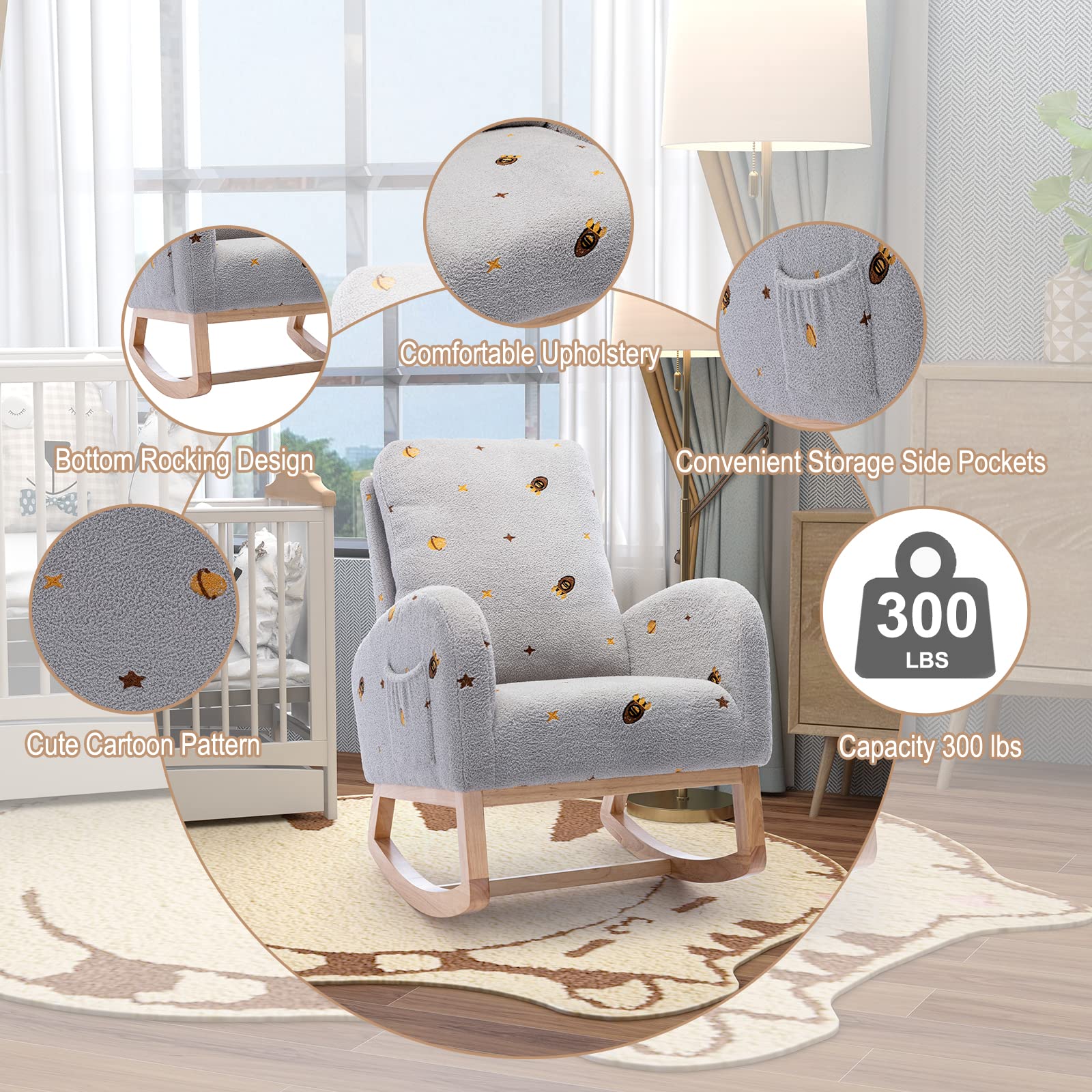 Pvillez Modern Upholstered Nursery Glider Rocking Chair - Comfortable Nursing Chair with Side Pocket for Breastfeeding, Baby Room & Living Room (Gray) - Perfect for Relaxing, Nursing & Nursery Decor