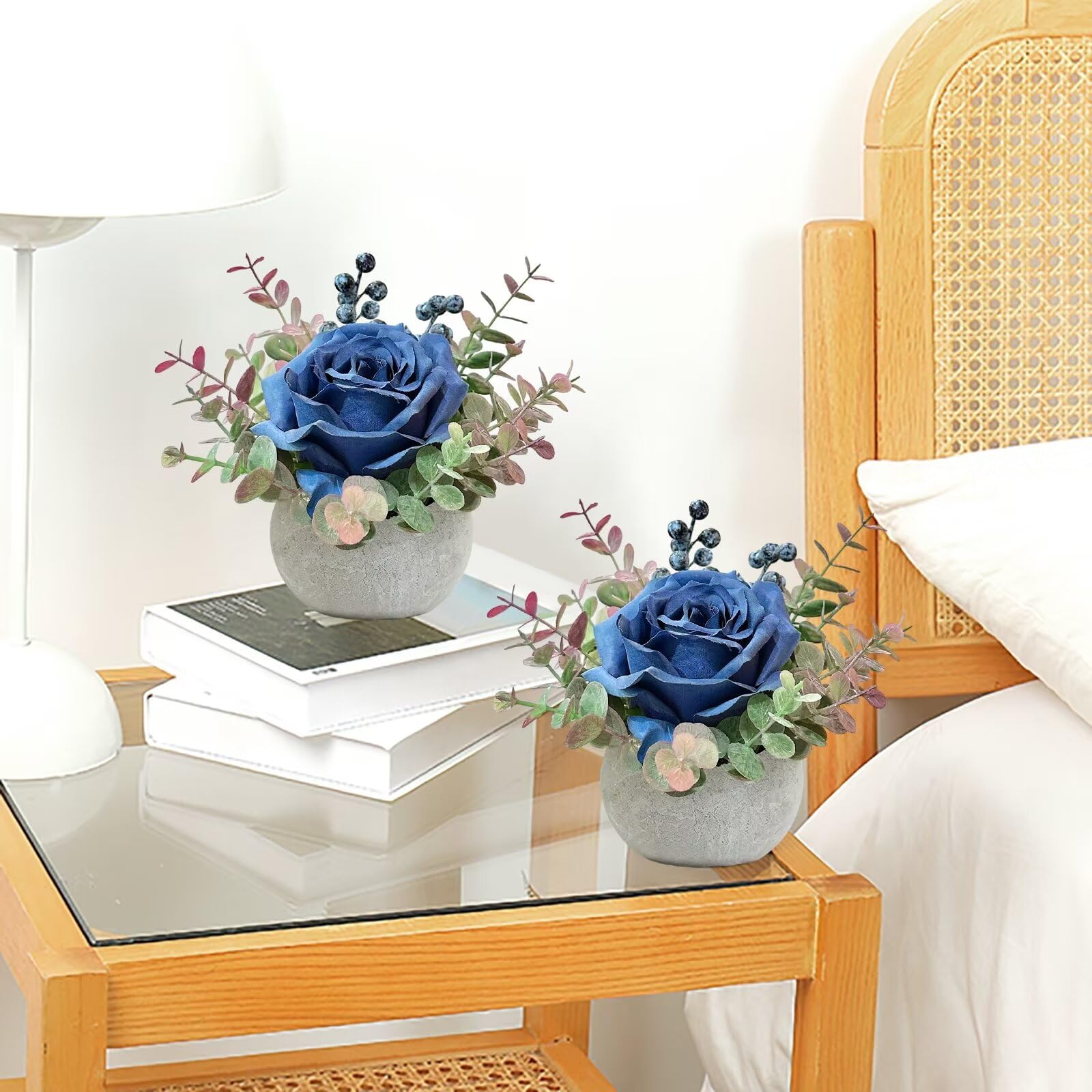 Blue Rose Artificial Flowers in Pots - Small Fake Potted Plants for Home Office Decor, Bathroom, Living Room, Wedding & Party Table Centerpieces | Perfect for Indoor Décor, Gift Giving & Event Styling