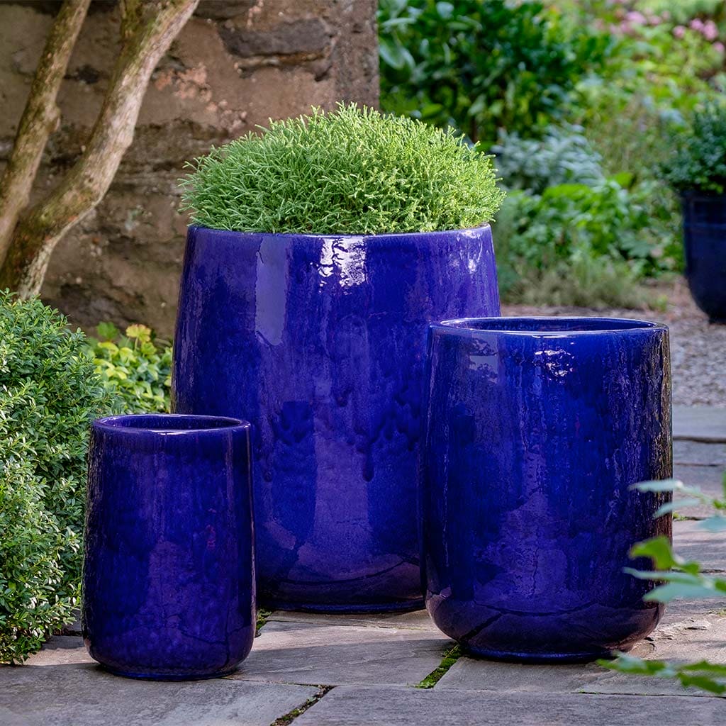 Campania International Sapphire Blue Ceramic Planter Set of 3 - Modern Indoor Outdoor Flower Pots for Home Garden, Patio, and Balcony Decor