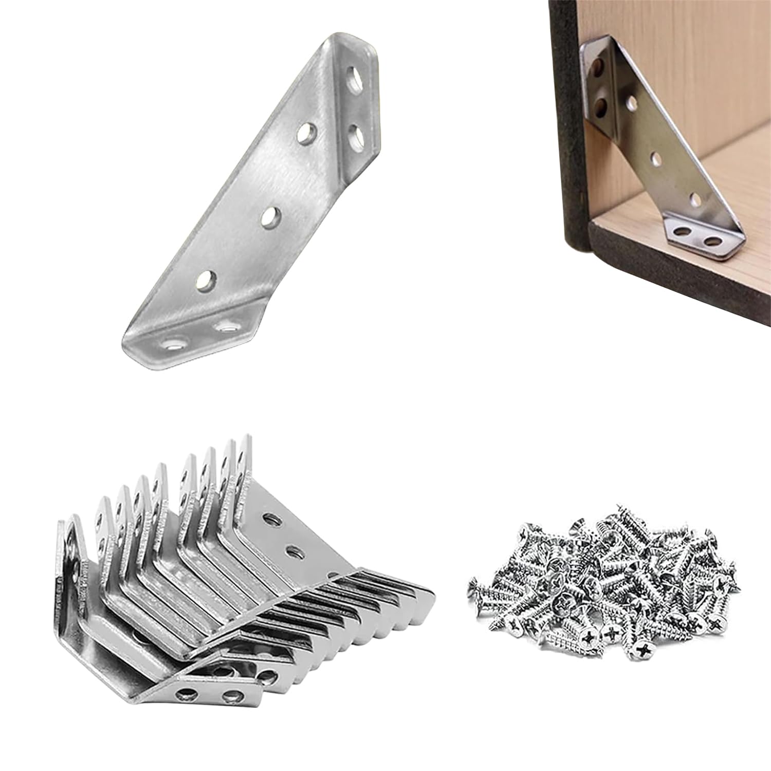 Stainless Steel Universal Furniture Corner Connector Bracket - 10 Pcs with 70 Screws for Angle Fastening & Frame Support | Perfect for DIY Furniture Assembly, Shelving, Cabinets & Home Improvement Projects