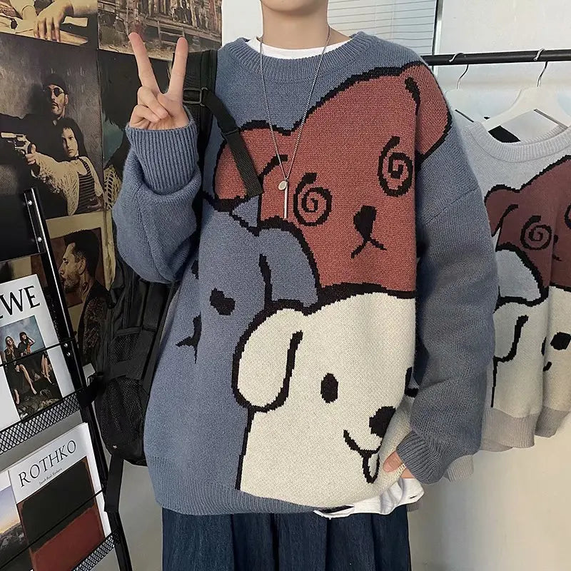 Men's Cartoon Bear Knit Sweater - Winter Warm Long Sleeve Pullover for Casual Wear | Cozy Loose Fit Fashion Top for Autumn & Winter Outfits