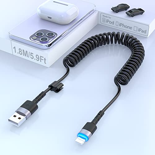 Apple MFi Certified Coiled USB A to Lightning Cable - 6FT iPhone Charger for Car [Fast Data Sync & Charging] | Compatible with iPhone, iPad | Perfect for Road Trips, Commuting & On-the-Go Charging