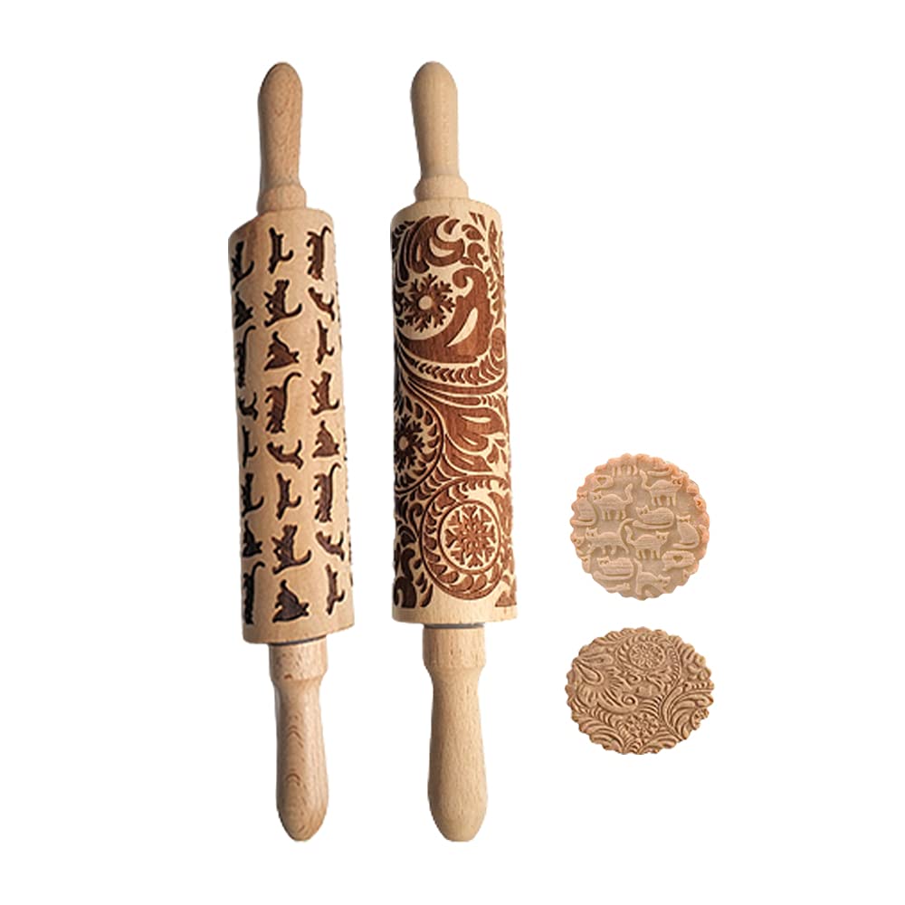 2 Pcs Embossed Wooden Rolling Pins - 3D Engraved Christmas Snowflake & Flower Pattern Dough Roller for Baking Cakes, Cookies, Pastry (14