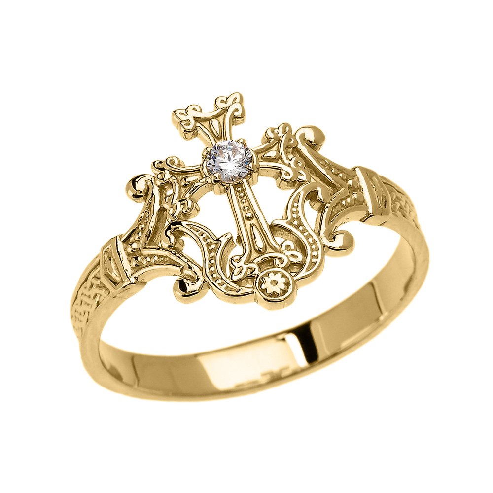 10K Yellow Gold Solitaire Diamond Orthodox Cross Ring with Armenian Knot Design - Elegant Religious Jewelry for Women - Perfect for Baptism, Church Events & Spiritual Gifts