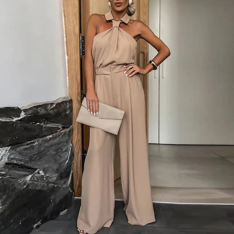 Elegant Solid Color Sleeveless Pocket Jumpsuit for Women - High Waist Off Shoulder Romper with Lapel | Summer Commute & Casual Outfit | Slim Fit Playsuit for Beach, Party, and Office Wear
