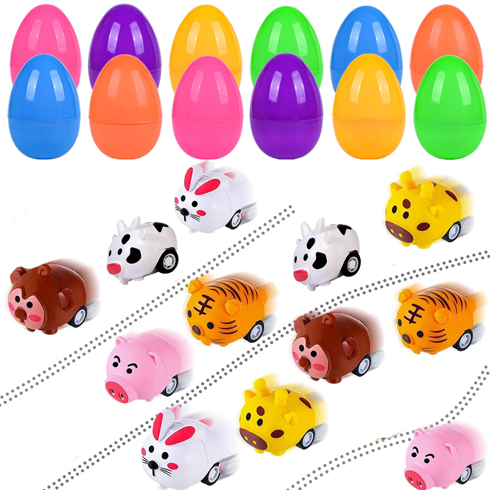 12PCS Easter Eggs with Pull Back Car Toys - Easter Basket Stuffers for Toddlers, Boys & Girls - Plastic Easter Egg Fillers for Kids - Easter Gift & Party Favors for Egg Hunt, Birthday Goodie Bags & Holiday Celebrations