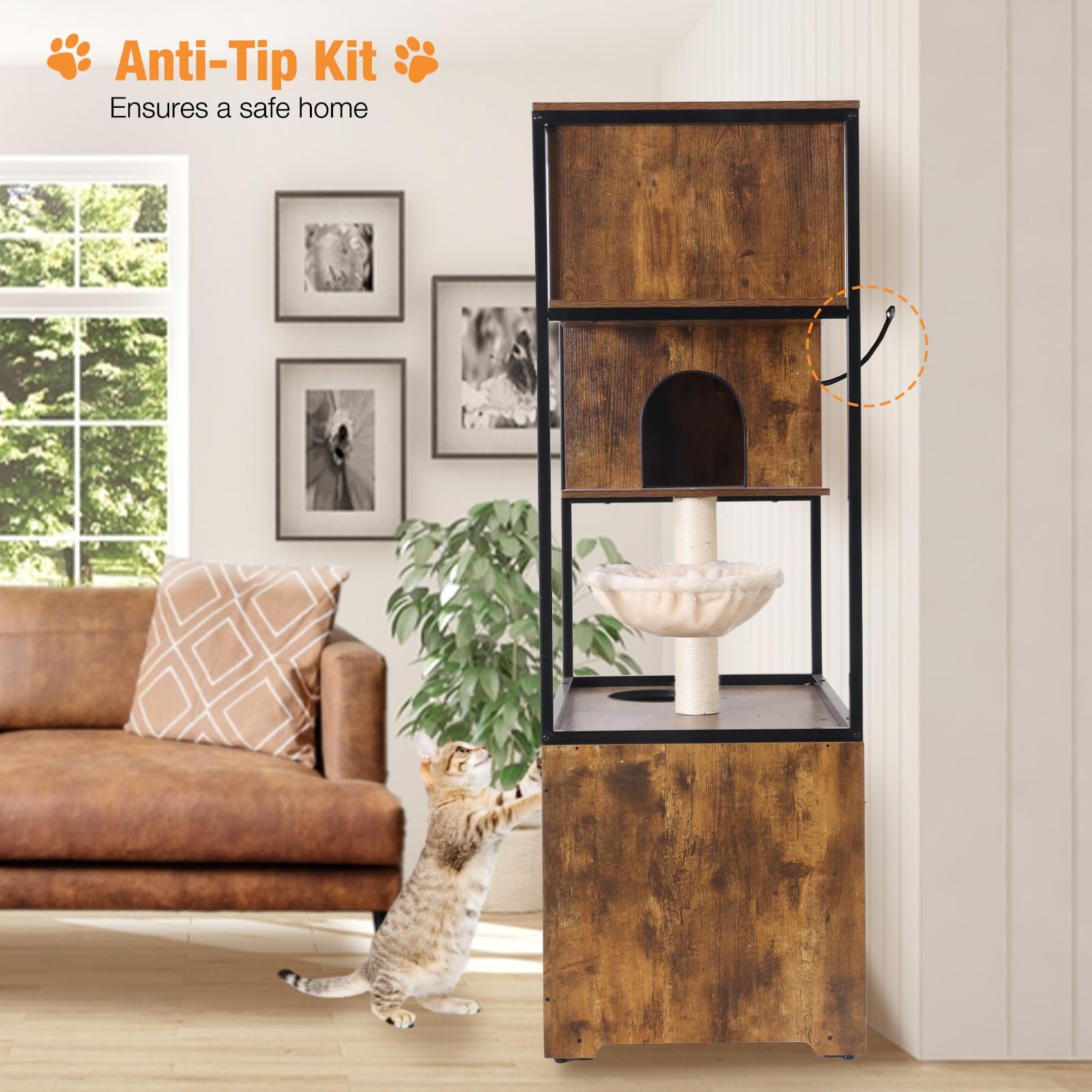 Hidden Cat Litter Box Enclosure Furniture with Metal Frame & Barn Door - Wooden Kitty House Washroom for Large Cats - Fits Most Litter Boxes (Medium, Natural Wood) - Perfect for Living Rooms, Bedrooms & Home Decor