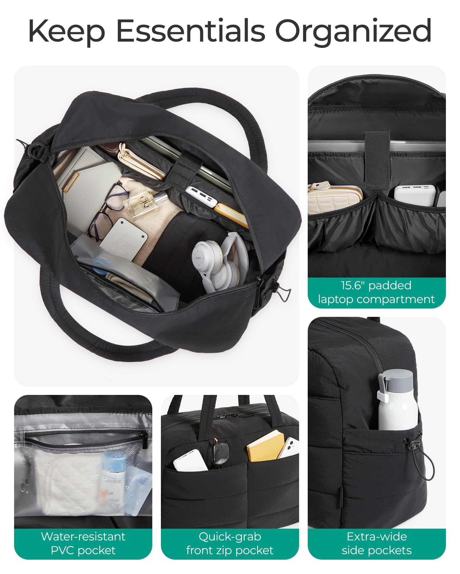 BAGSMART 31L Quilted Puffer Duffle Bag for Women - Waterproof Gym Bag, Travel Carry-On, Weekender Overnight Bag with Laptop Compartment - Perfect for Workouts, Business Trips & Weekend Getaways (Black)