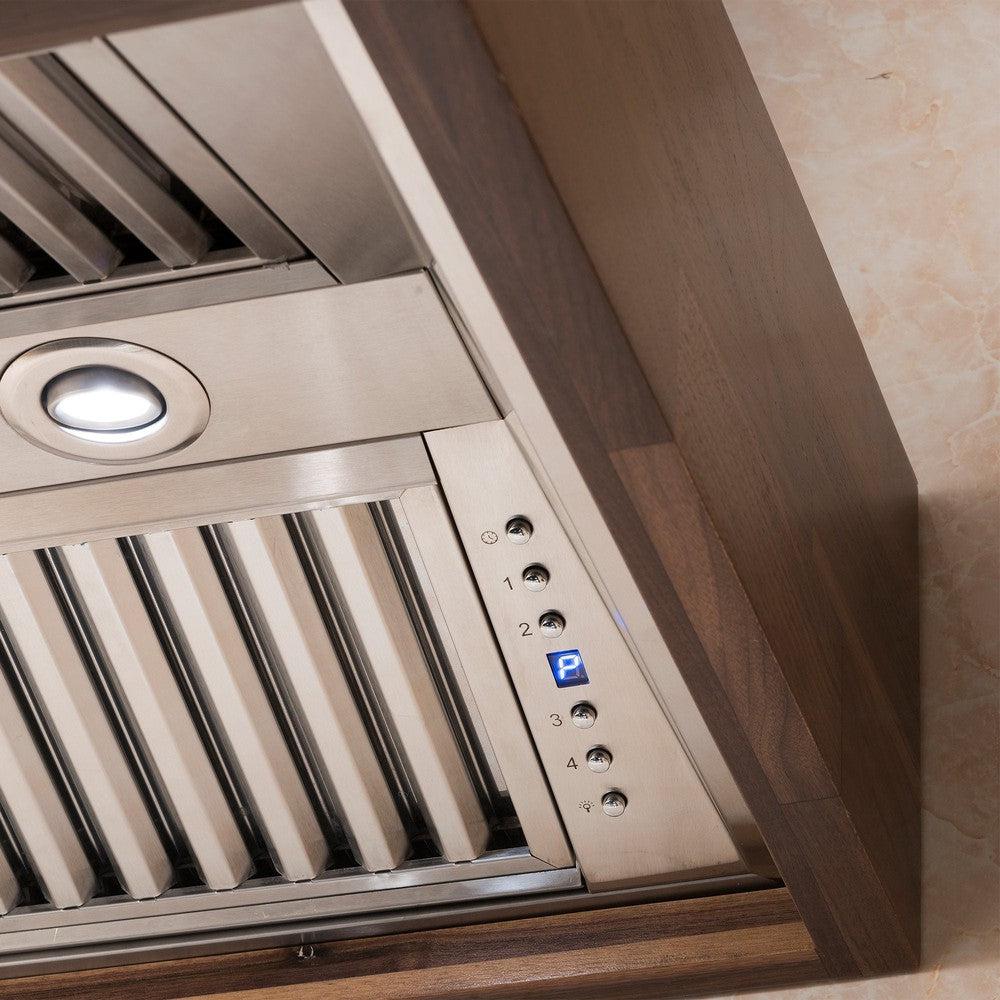 ZLINE 681W 30 Inch Convertible Wooden Wall Mount Range Hood - Walnut Butcher Block Finish | Designer Series for Modern Kitchens | Perfect for Home Chefs & Open Concept Living Spaces
