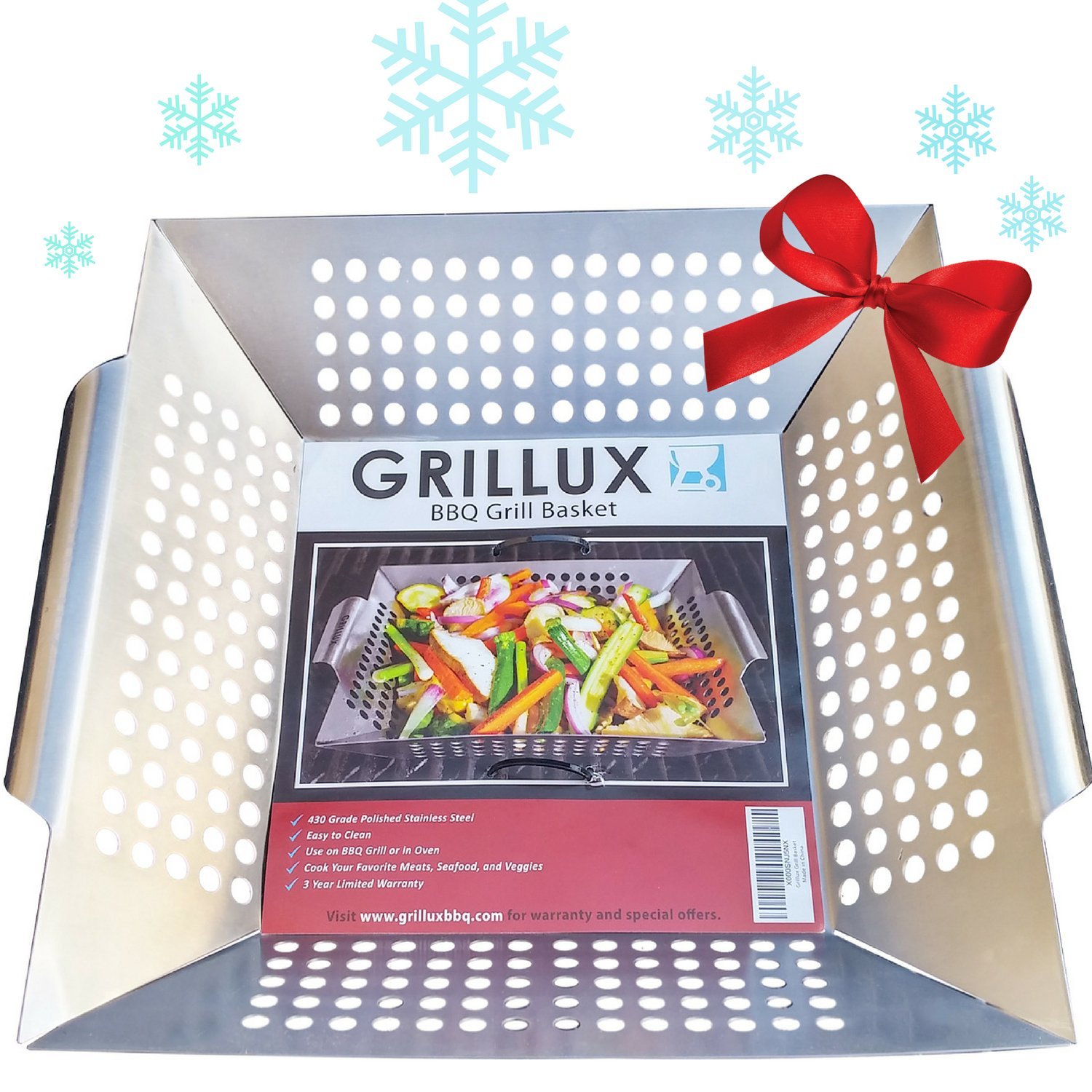 Grillux Premium Stainless Steel Vegetable Grill Basket - Best BBQ Accessory for Grilling Veggies, Wok & Smoking - Perfect for Camping Cookware - Works with Charcoal & Gas Grills - Ideal for Backyard BBQs, Picnics & Outdoor Cooking
