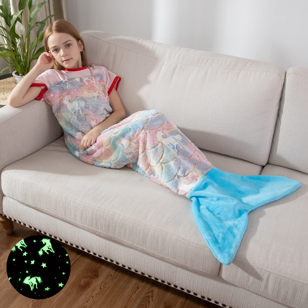 Glow in The Dark Mermaid Tail Blanket - Super Soft Unicorn Luminous Tie Dye Blanket for Toddler Girls, Kids Birthday Christmas Halloween Gift - Perfect for Sleepovers, Movie Nights & Fantasy Play