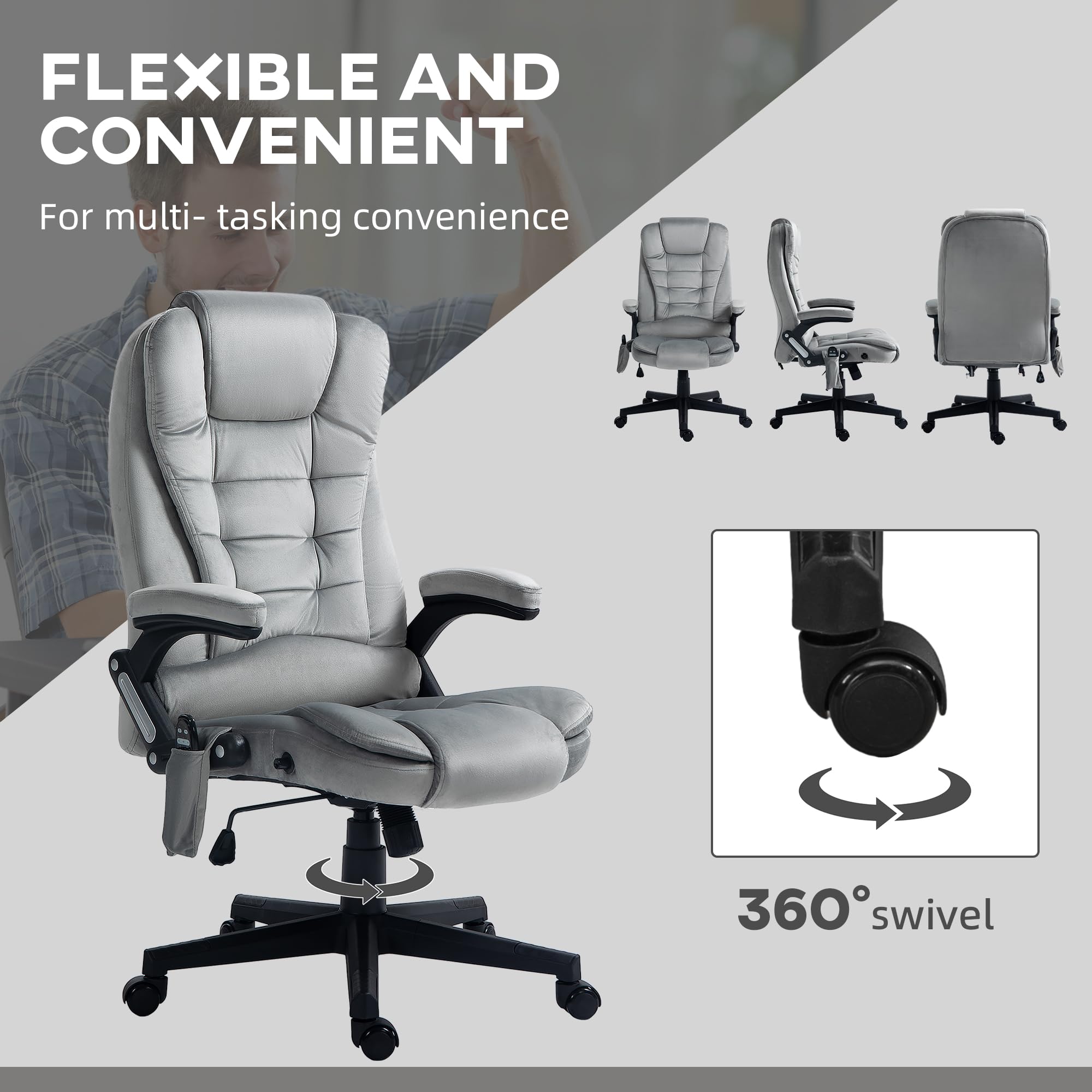 HOMCOM 6-Point Vibrating Massage Office Chair with Heating - High Back Executive Chair, Reclining Backrest, Padded Armrests & Remote Control - Gray - Perfect for Home Office, Gaming & Relaxation