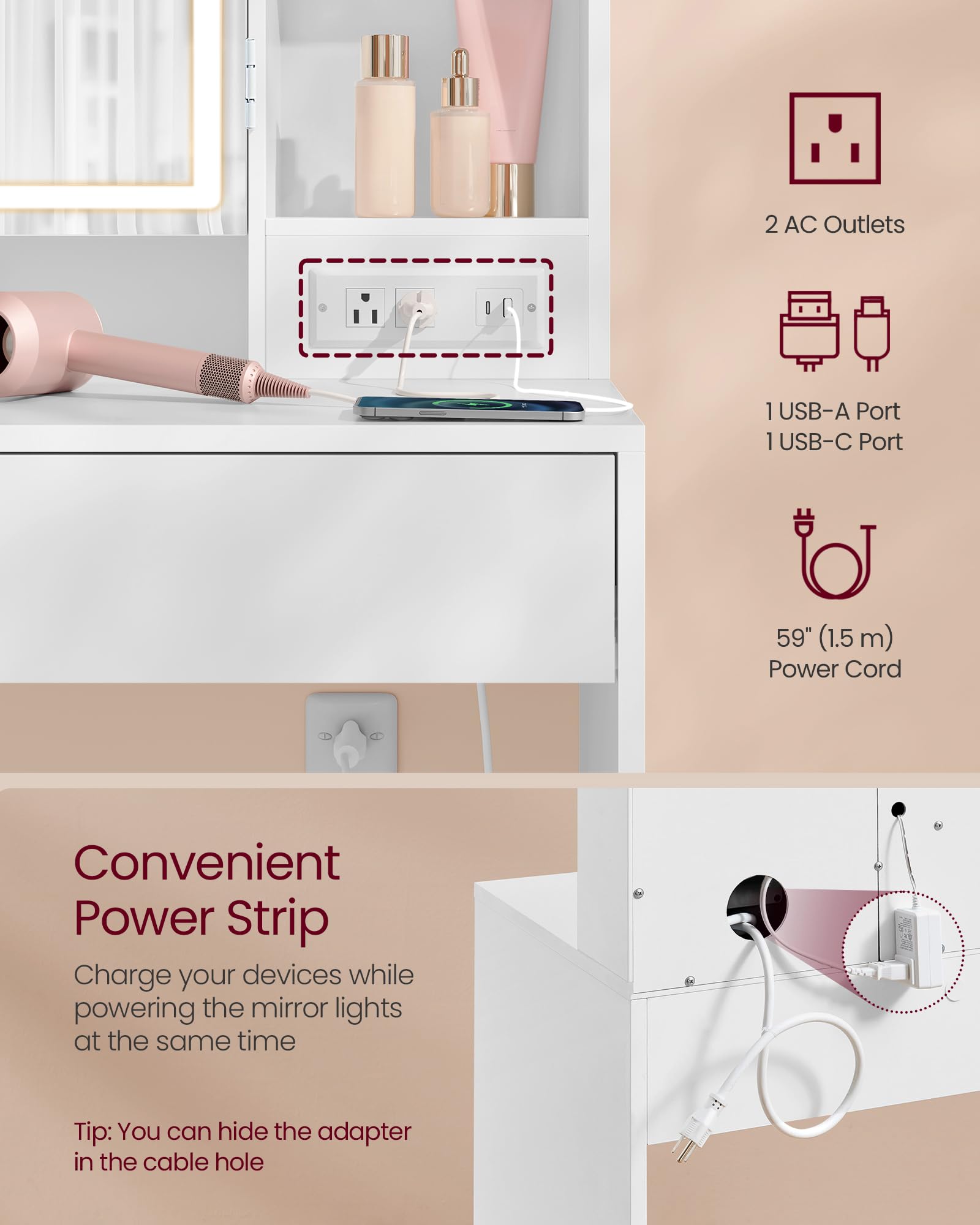 VASAGLE Modern Vanity Desk with Power Outlets & Dimmable LED Lights - Makeup Dressing Table with Mirror, 6 Compartments & 2 Drawers - Includes Upholstered Stool - Perfect for Bedroom, Dorm Room or Beauty Salon (Cloud White URDT031W01)