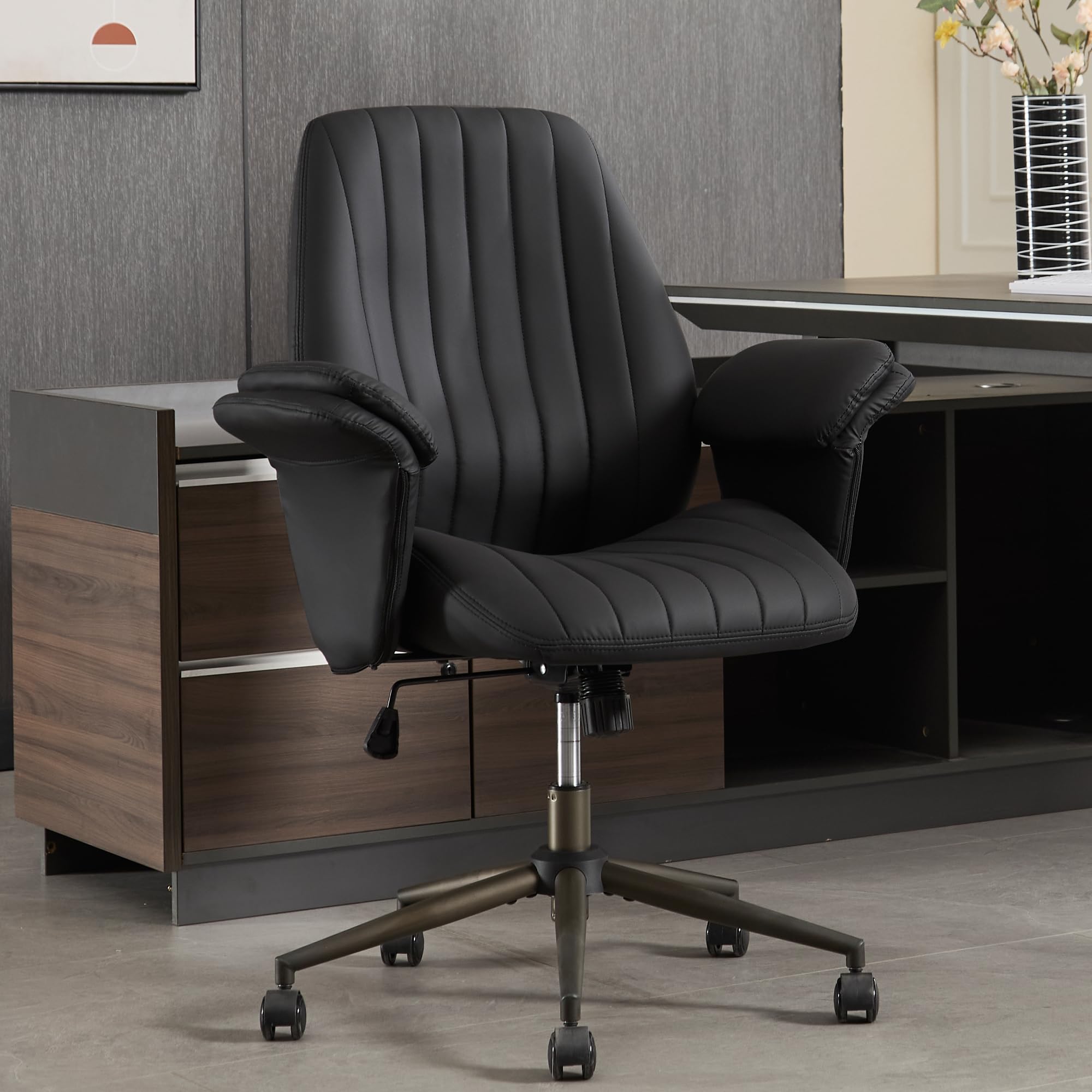 Ergonomic Home Office Chair with Lumbar Support - Adjustable Height Executive Desk Chair, 30° Tilt Function & Detachable Padded Armrests (Black PU Leather) - Perfect for Long Work Hours, Gaming & Remote Work