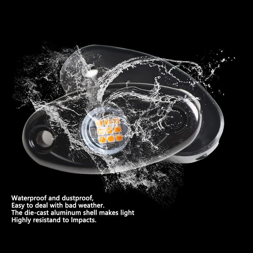 4Pods Amber Yellow LED Rock Lights - Waterproof Underglow Neon Lights for Cars, Trucks, ATV, UTV, SUV, Boats - Off-Road Trail Rig Lighting for Night Driving & Vehicle Customization