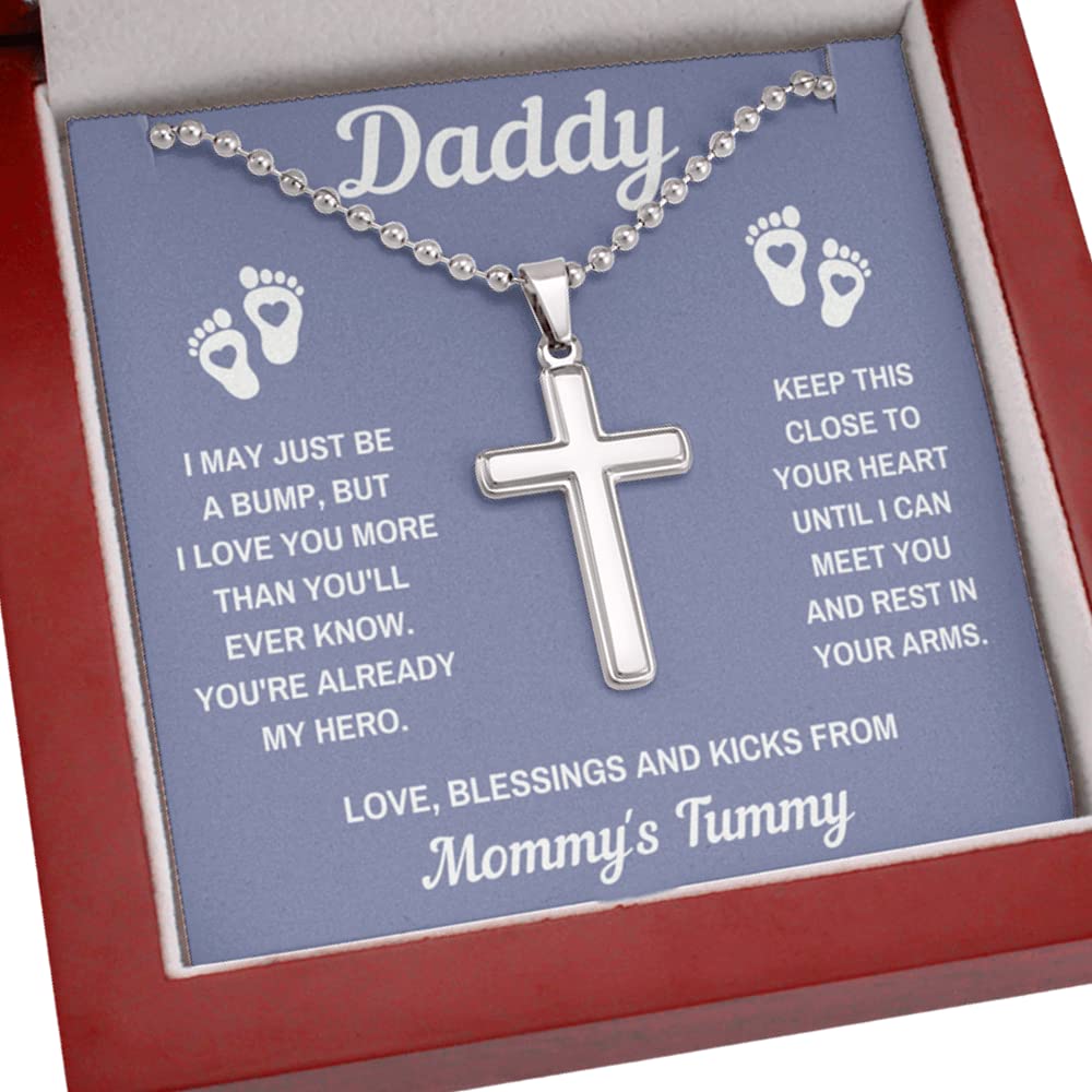 Personalized Dad Cross Necklace - Handcrafted Grey Pendant with Ball Chain for Father's Day Gift from Baby | Gift Box & Message Card Included | Perfect for New Dads, Baptism, Anniversary & Daily Wear