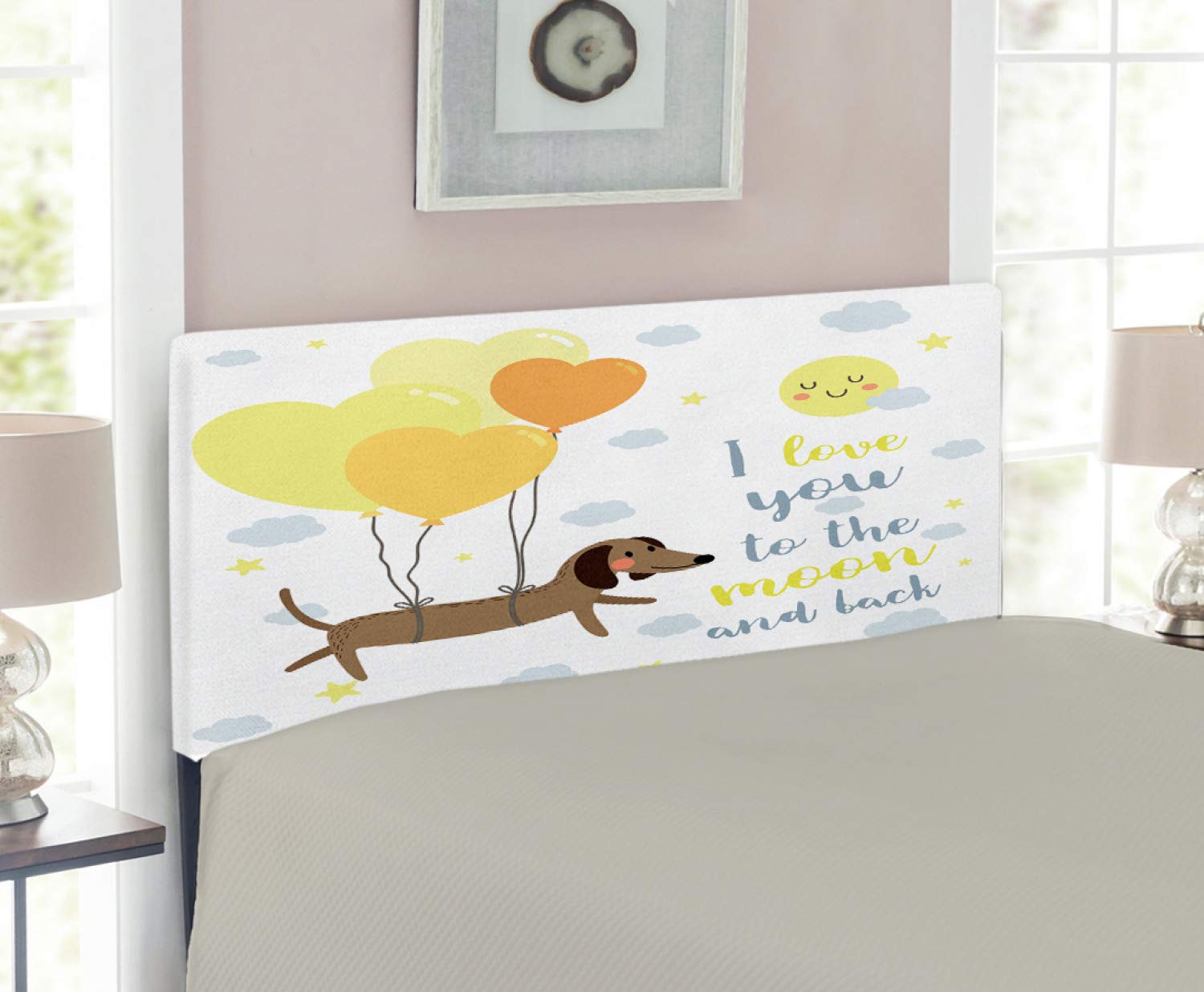 Ambesonne Upholstered Metal Headboard with Memory Foam - Twin Size, Blue Grey Yellow Cocoa | Dog Balloons & Hearts Design for Pet Lovers | Perfect for Bedroom Decor & Gift for Best Friends
