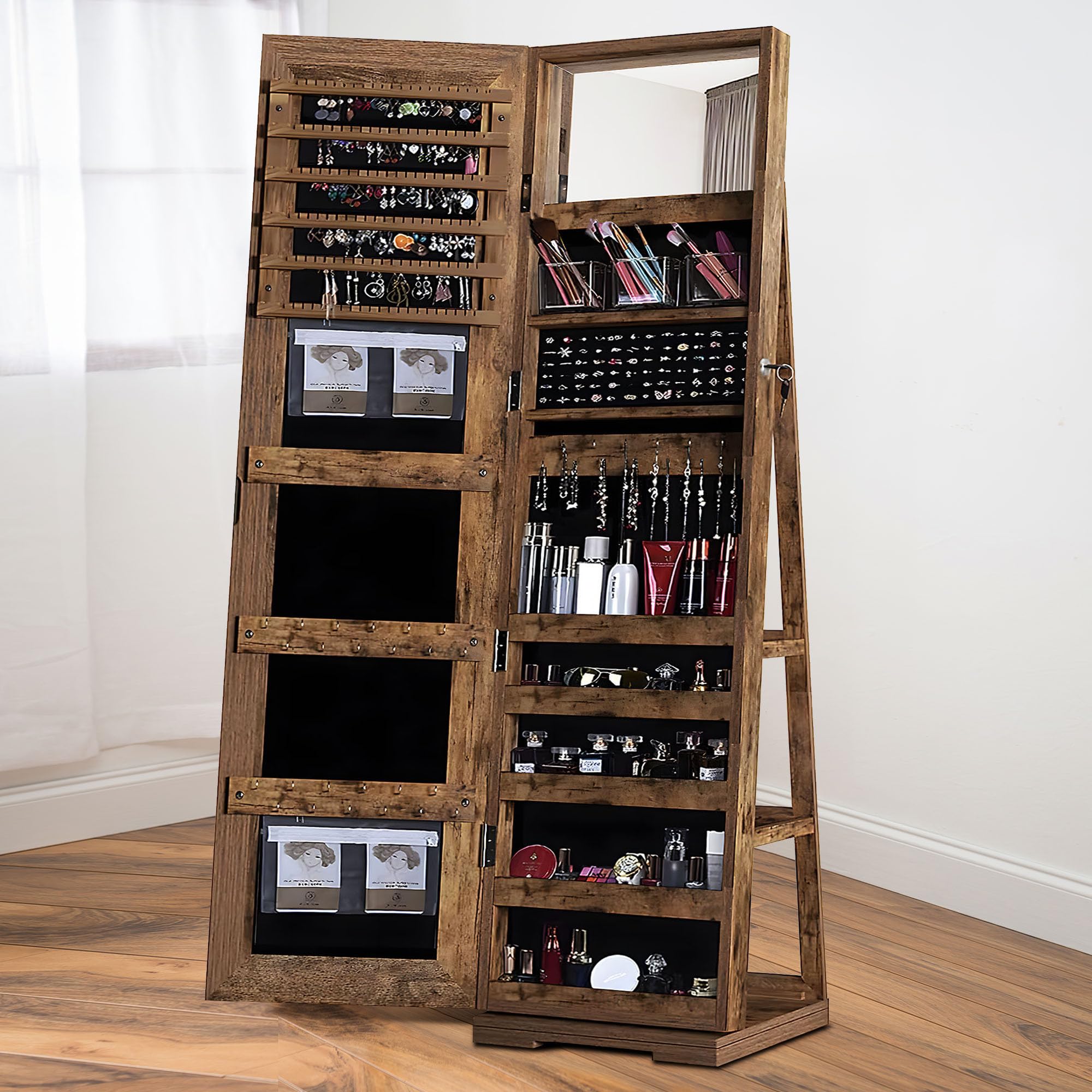 Soges 360° Swivel Jewelry Mirror Cabinet with Back Storage Shelves - Full Length Standing Rotating Mirror with Jewelry Organizer & Lockable Doors - Rustic Brown Armoire for Bedroom, Dressing Room & Closet Organization
