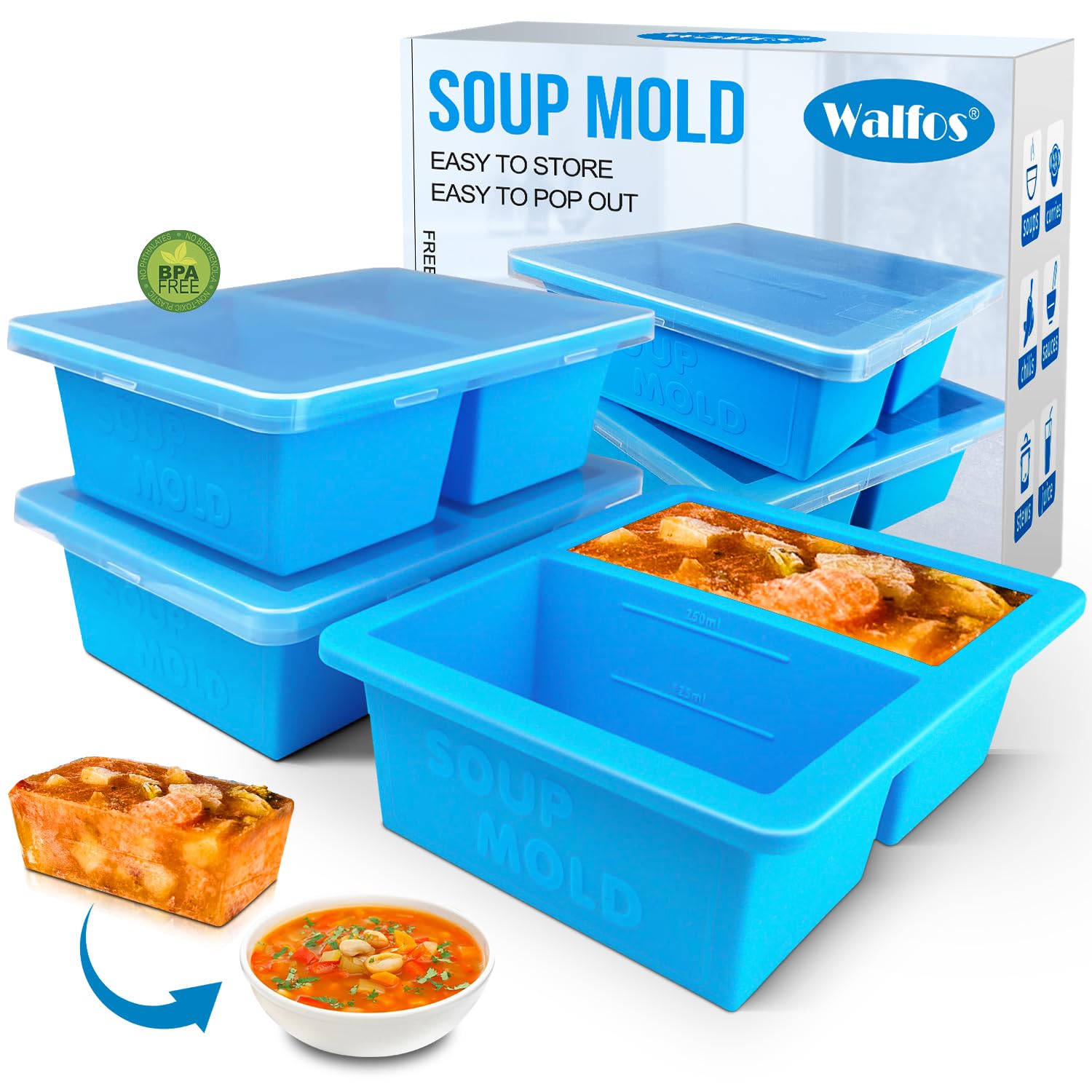 Walfos 1-Cup Silicone Soup Freezer Containers with Lids (3-Pack) - BPA-Free Freezing Cube Trays for Soup, Broth, Sauce Storage - Prevents Freezer Odor & Spills - Ideal for Meal Prep, Baby Food, Leftovers & Stock Making