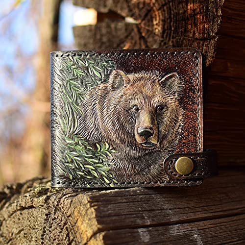 Genuine Leather Men's 3D Carved Biker Wallet - Handmade Tooled Airbrush Art Custom Personalized Wallet for Motorcycle Enthusiasts & Gift Giving