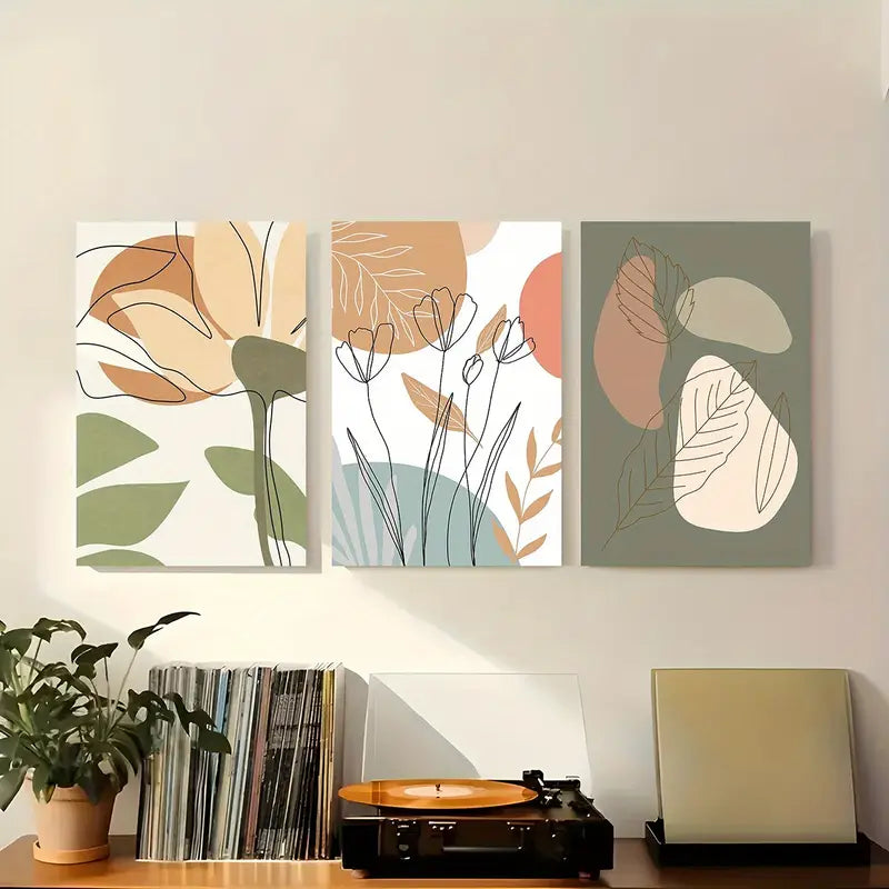 3-Piece Abstract Botanical Line Art Metal Prints - Minimalist Wall Decor with Earthy Tones - Ready to Hang Canvas Art for Living Room, Bedroom & Office Decor
