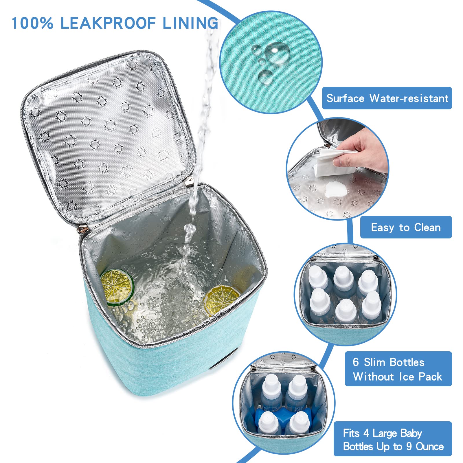 Premium Insulated Breast Milk Cooler Bag with 4 Ice Packs - Fits 9oz Baby Bottles for Nursing Moms & Daycare - Leakproof & Temperature Control - Perfect for Travel, Work & Outdoor Activities (Aqua Blue)