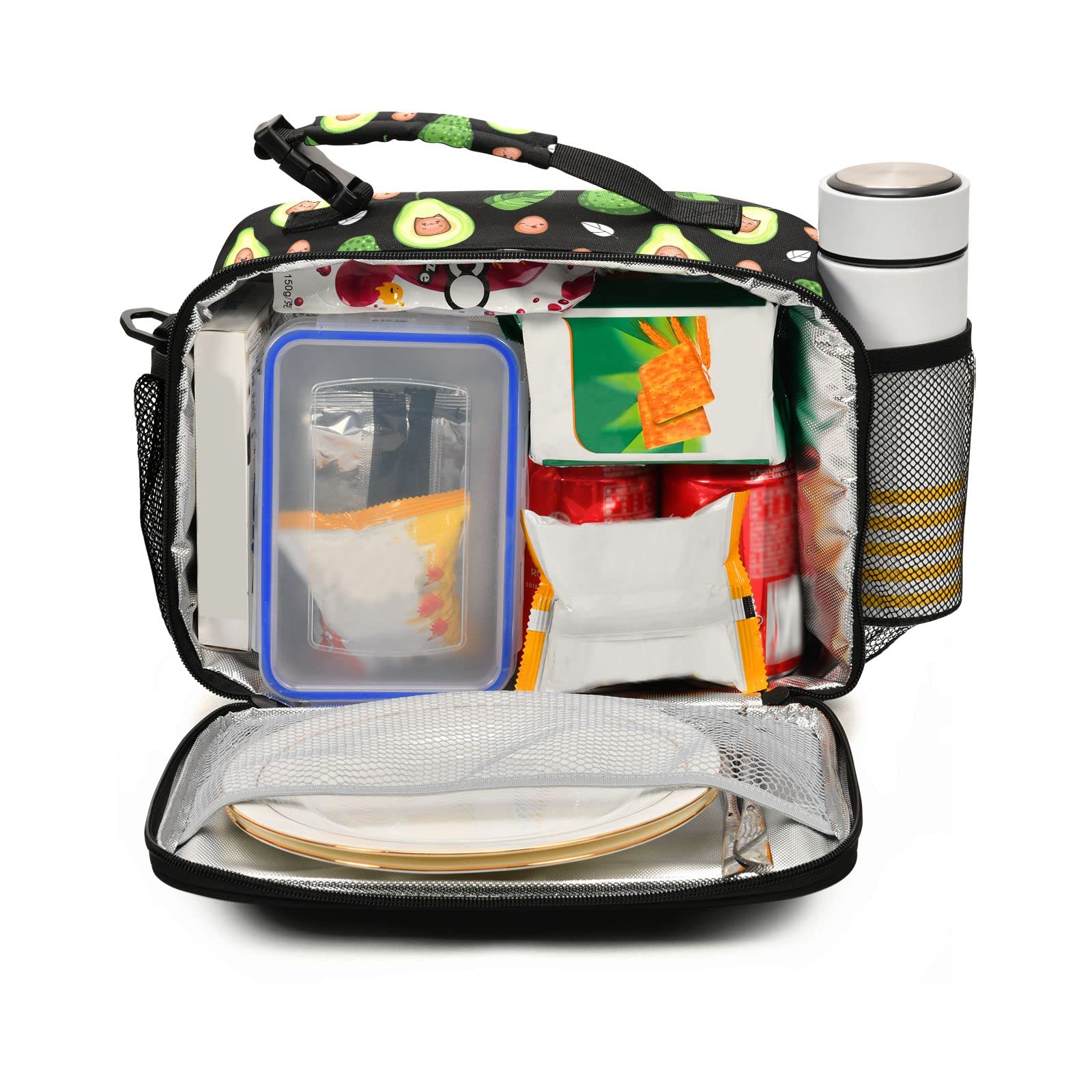 Kawaii Avocado Fruit Insulated Lunch Bag - Leakproof Reusable Lunch Box with Large Drinks Holder for Kids, Adults, School & Office - Perfect for Picnics, Work Lunches & Outdoor Activities
