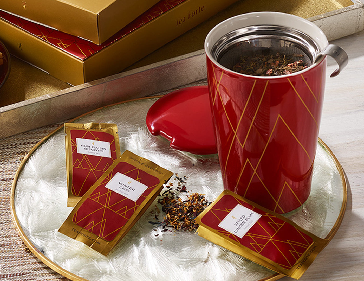 Premium KATI® Glass Tea Infuser with Lid - Red & Gold Design for Loose Leaf Tea, Herbal Infusions - Perfect for Home, Office, or Gift Giving