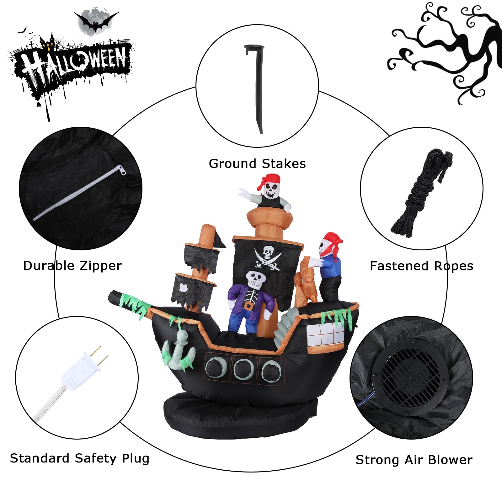7FT Halloween Inflatable Pirate Ship with LED Ghost Lights - Outdoor Halloween Decorations for Yard, Garden, Party - Spooky Pirate Theme for Halloween Party Decor & Lawn Display