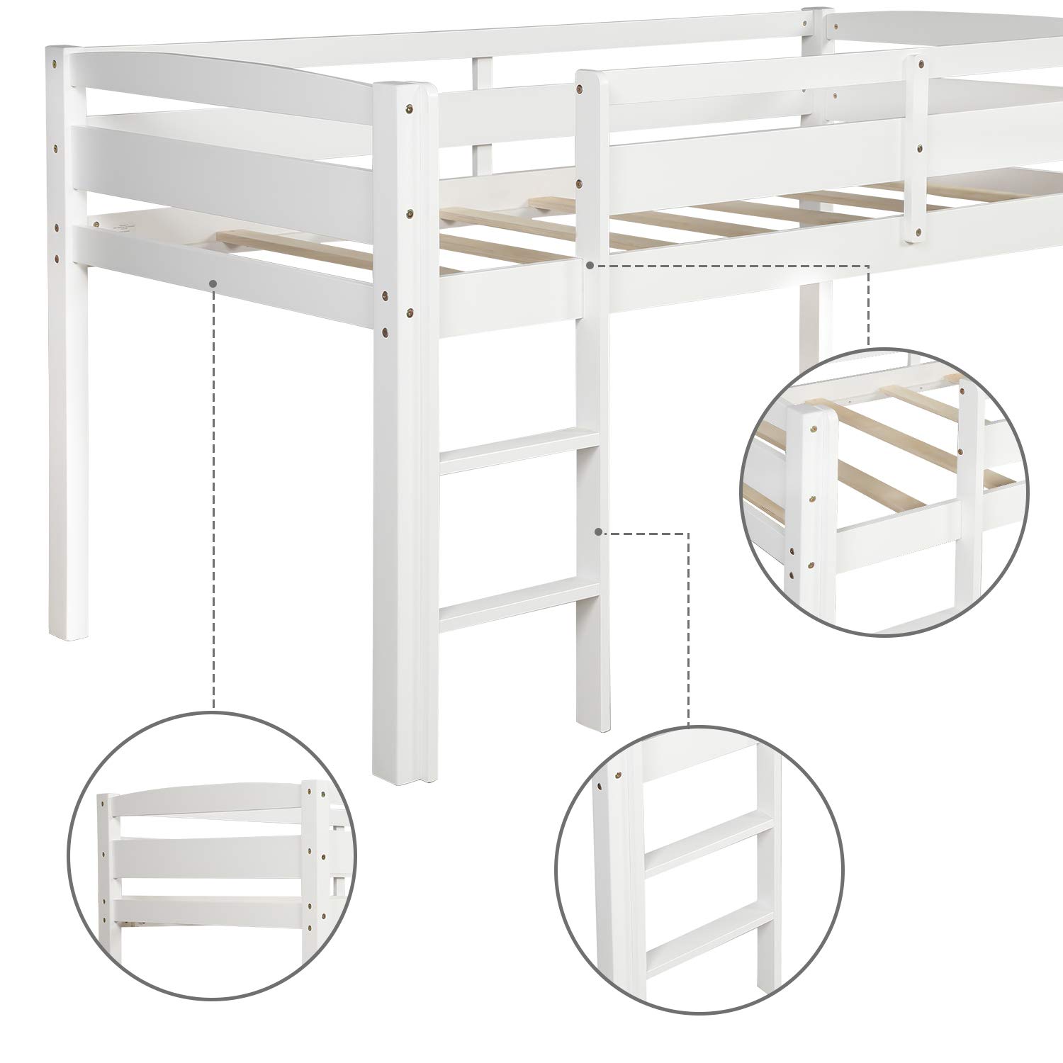 Harper & Bright Designs Low Loft Bed Twin Size - Sturdy Wooden Loft Bed Frame with Ladder & Safety Guardrails for Kids, Teens & Toddlers (White) - Perfect for Small Bedrooms, Dorms & Space-Saving Kids' Rooms