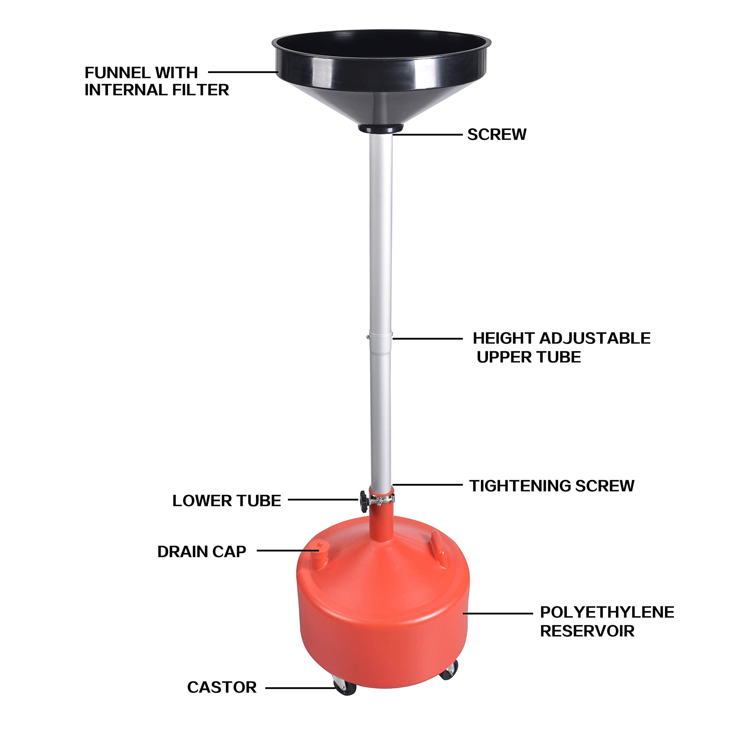 8 Gallon Portable Upright Oil Drain Tank for Automotive Fluids - Adjustable Funnel Height with Built-in Strainer (16.5