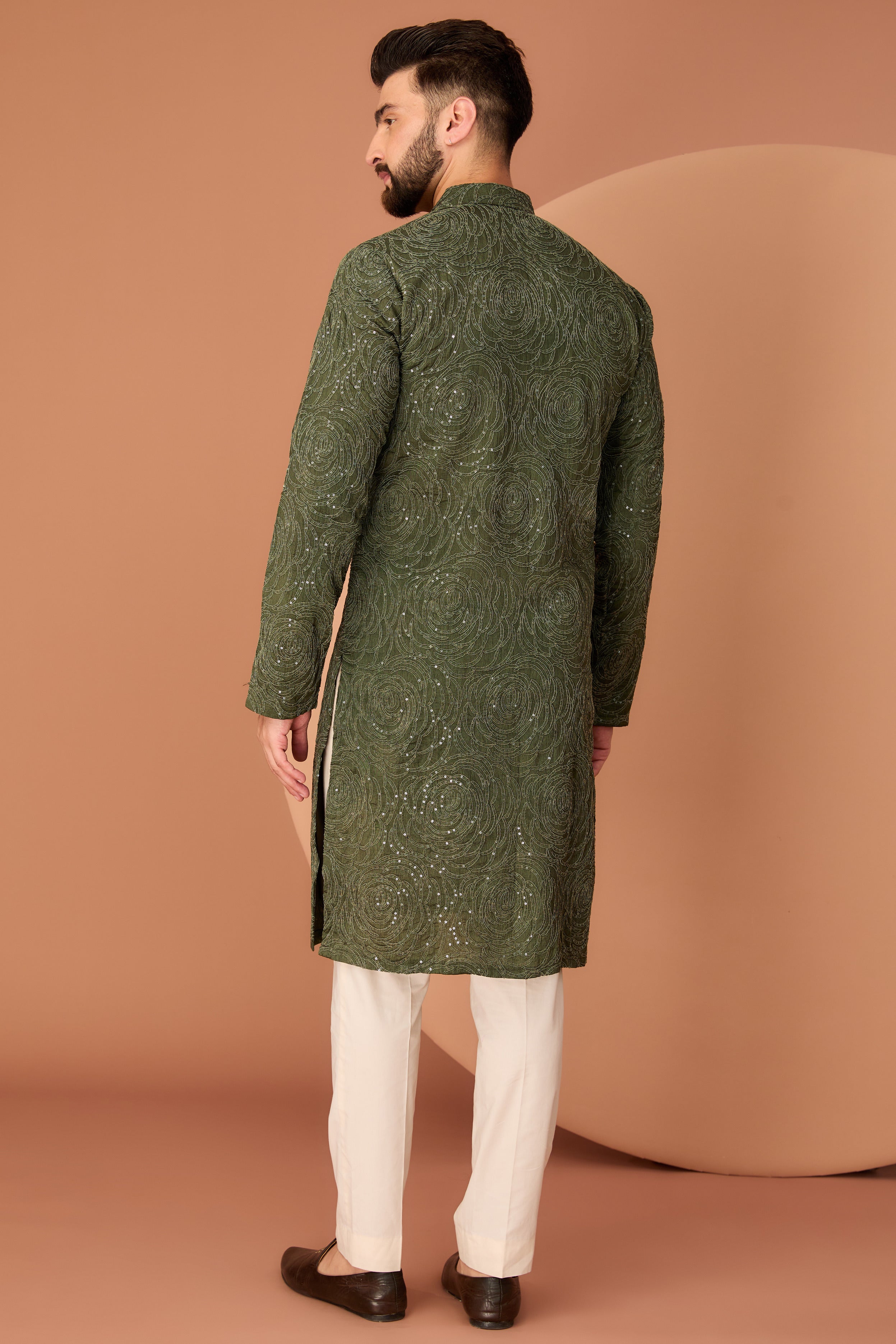 Military Green Floral Embroidered Kurta for Women - Elegant Indian Traditional Dress for Festivals, Weddings & Casual Wear