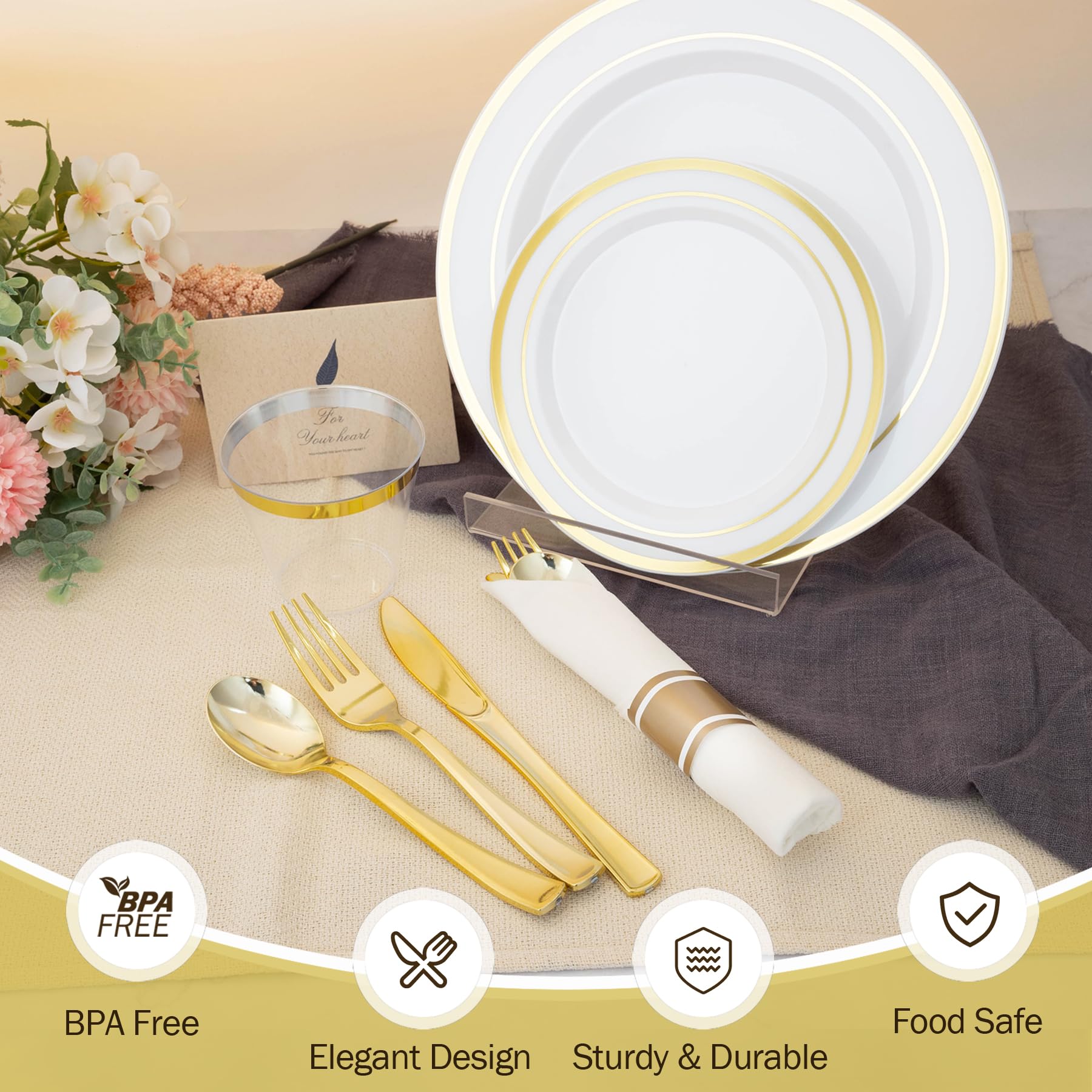 350-Piece Gold Plastic Dinnerware Set for 50 Guests - Disposable Plates, Cups, Napkins & Silverware for Parties, Weddings & Events - Elegant Gold Tableware (50 Dinner Plates, 50 Dessert Plates, 50 Cups, 50 Pre-Rolled Napkins with Cutlery) - Perfect for Birthday Celebrations, Bridal Showers & Holiday Gatherings