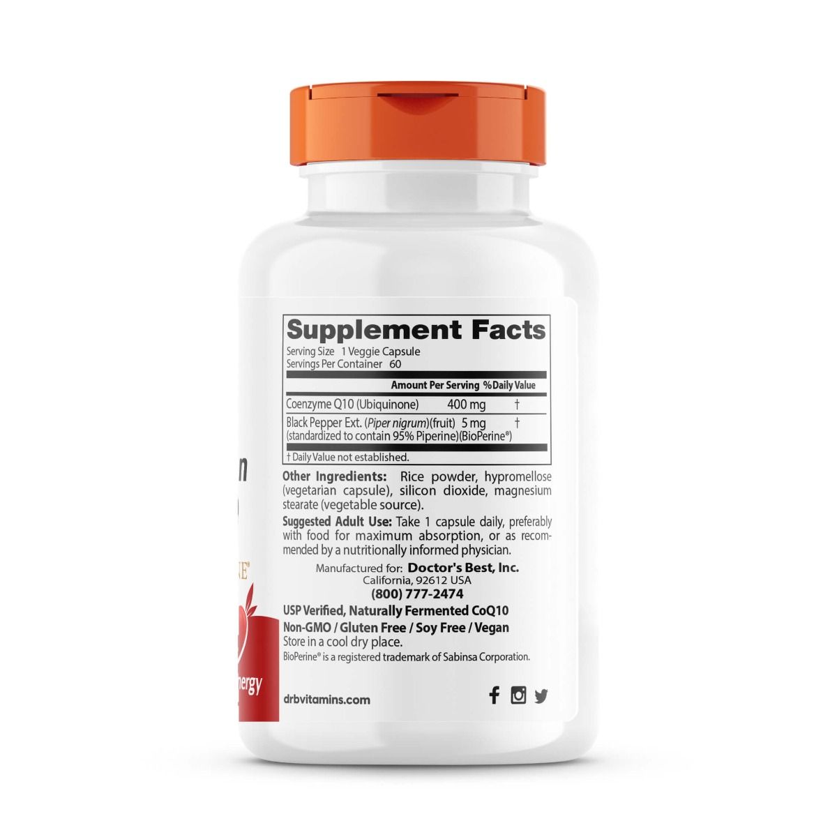 Doctor's Best High Absorption CoQ10 400mg with BioPerine - 60 Vegetarian Capsules for Heart Health, Energy Support & Antioxidant Protection - Perfect for Adults Seeking Cardiovascular Wellness