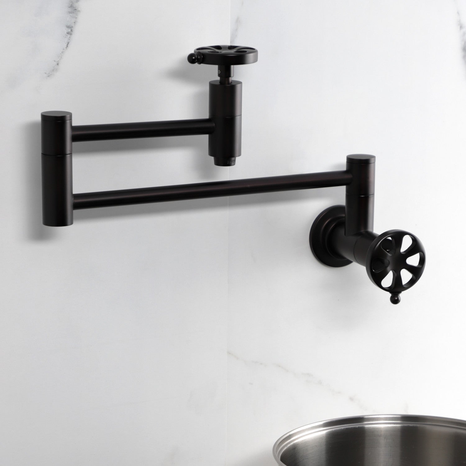Belknap KS8105RX Two Handle Wall Mount Pot Filler Faucet in Oil Rubbed Bronze - Perfect for Kitchen Sink, Stove & Cooking Area