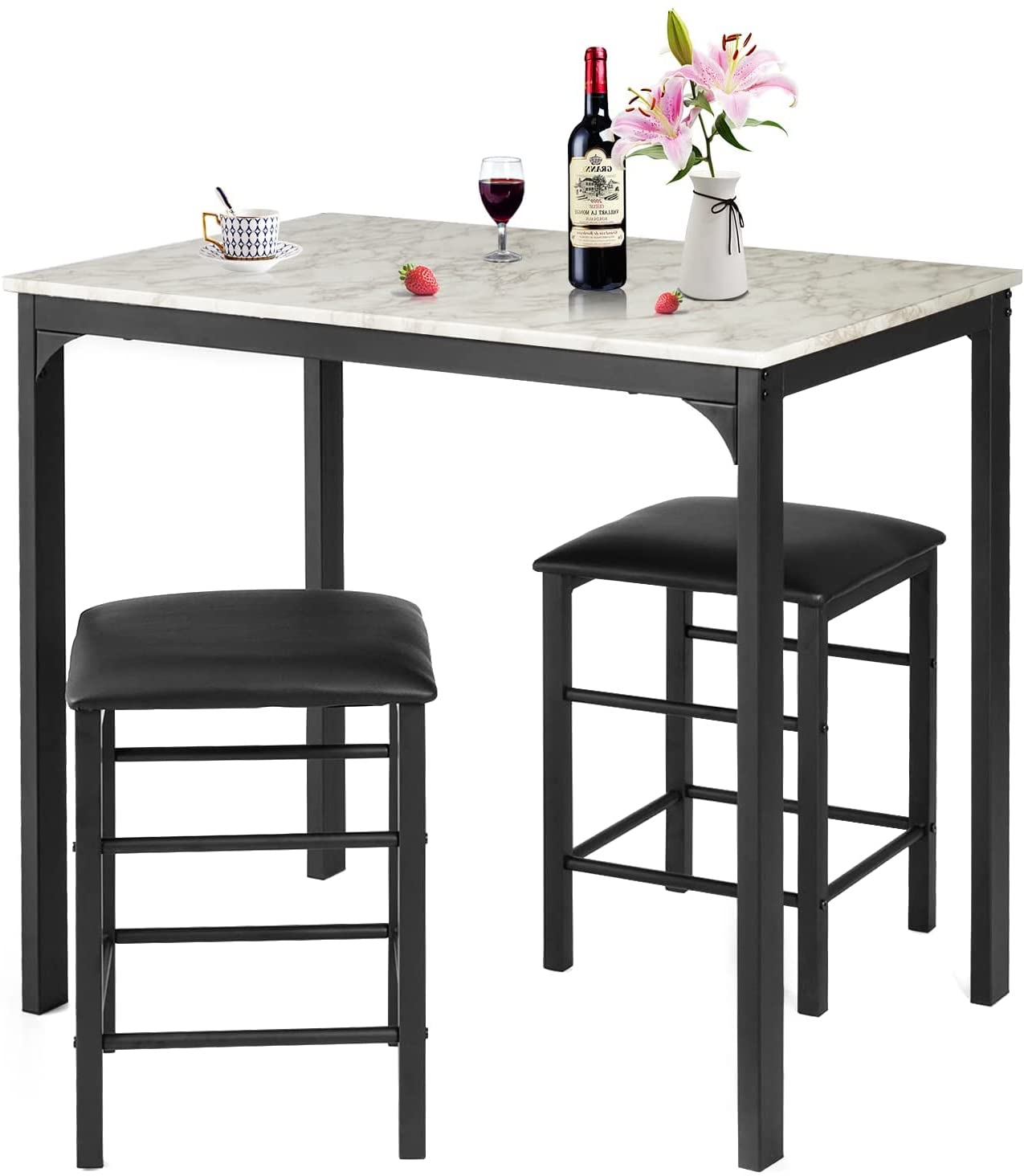 FANTASK 3-Piece Counter Height Dining Table Set for 2 - Small Kitchen Table with 2 Faux Leather Backless Stools, Space-Saving Breakfast Nook Set for Apartments, Kitchens, Bars & Small Spaces (White) | Perfect for Studio Apartments, Tiny Homes & Compact Dining Areas