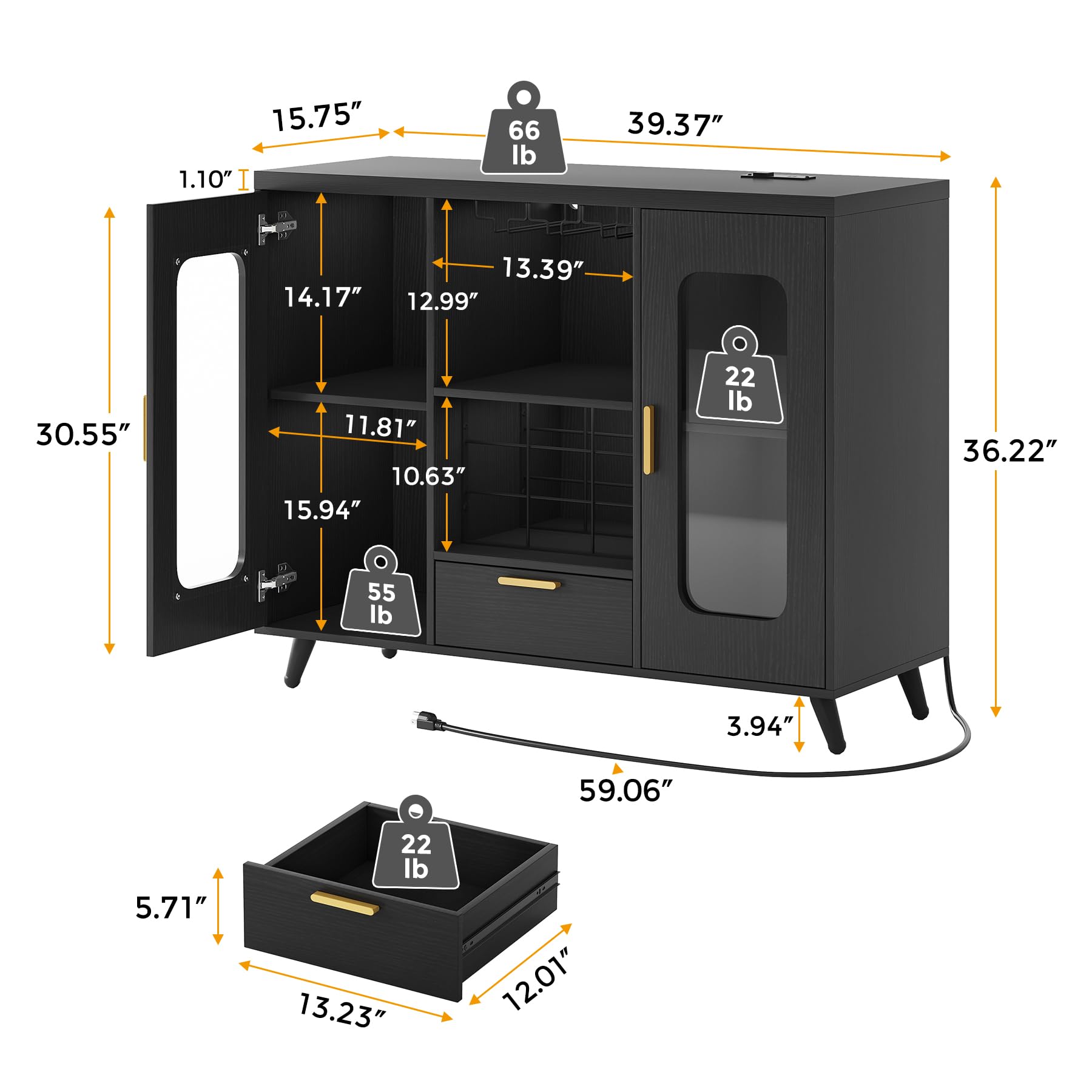 Modern Wine Bar Cabinet with LED Lights & Power Outlet - Coffee Liquor Cabinet with Wine Rack & Glass Holder - Buffet Sideboard for Dining Room, Living Room & Kitchen (Black) - Perfect for Home Entertaining & Stylish Storage