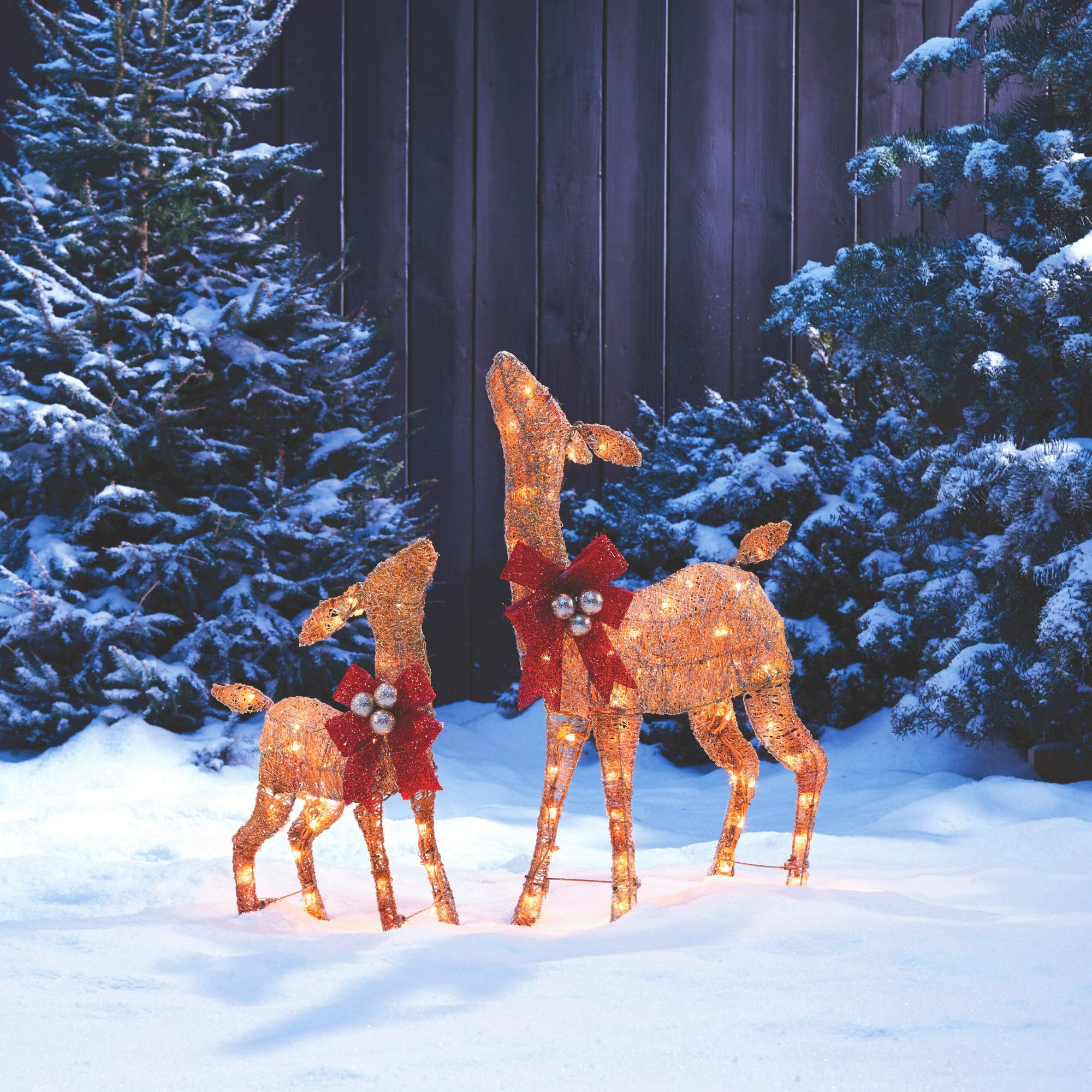 2.8 Ft Pre-Lit LED Christmas Deer Outdoor Yard Decor with Warm White Lights - Metal Holiday Decoration with Gold Finish & Red Bows | Perfect for Front Lawn, Garden, Porch & Christmas Party Decorations
