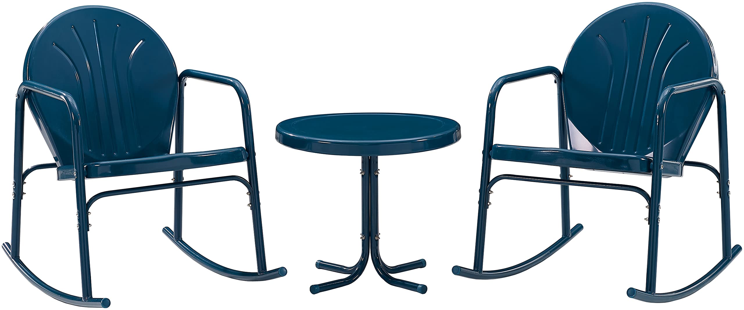 Crosley Furniture Griffith 3-Piece Outdoor Rocking Chair and Side Table Set - Retro Metal Bistro Patio Set in Navy Gloss - Perfect for Porch, Garden, Backyard & Outdoor Relaxation