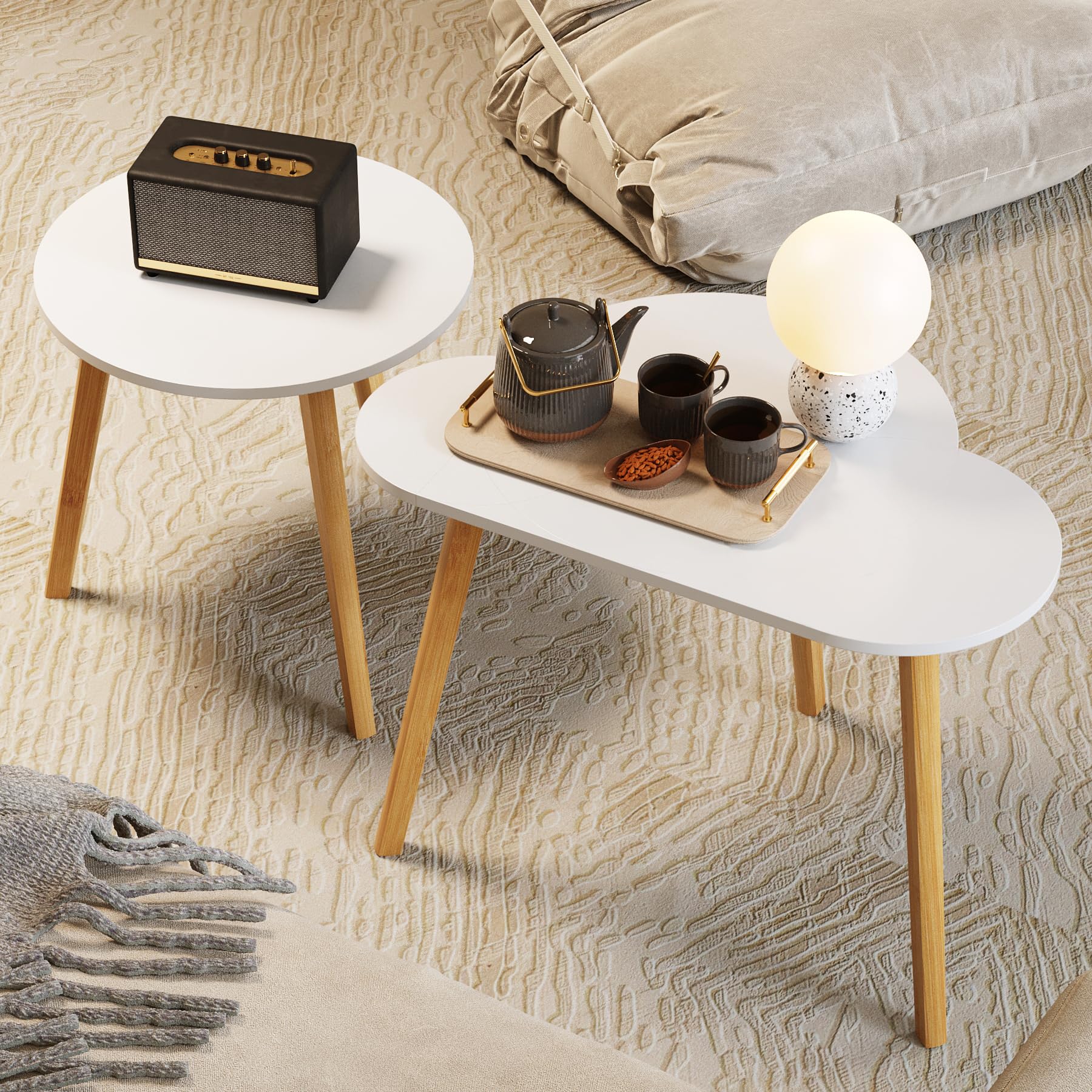 BAMEOS 2-Piece Bamboo Nesting Triangle End Tables - Modern Minimalist Coffee & Side Tables for Living Room, Balcony, Bedroom - Cloud White Finish | Perfect for Small Spaces, Home Decor, and Apartment Furniture