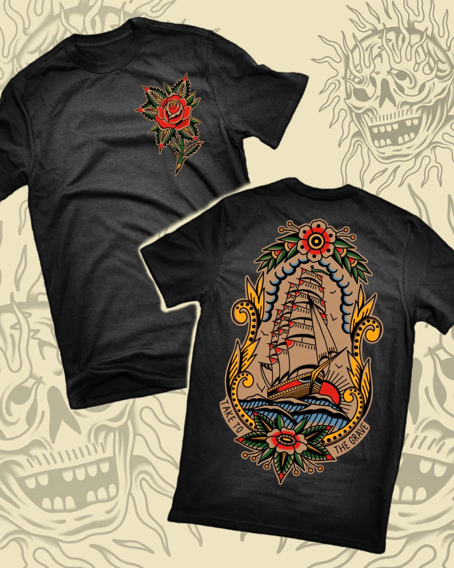 Take To The Grave Rose Ship Graphic T-Shirt - Black | Gothic Vintage Style Tee for Men & Women | Perfect for Concerts, Halloween & Alternative Fashion