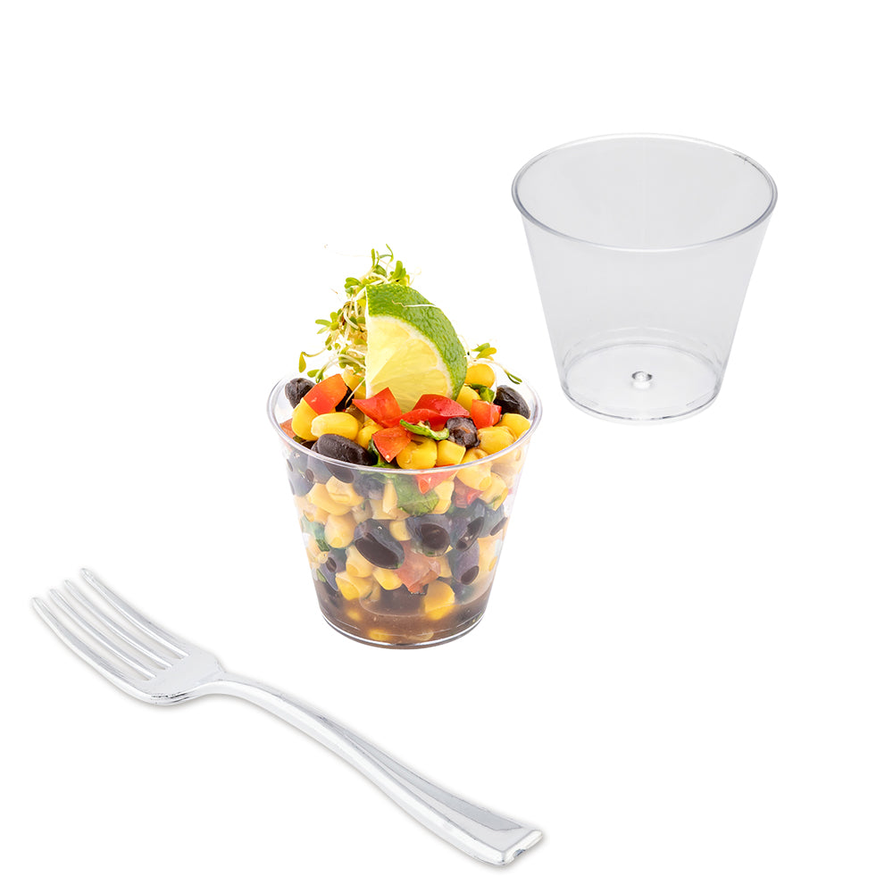 100 Pack 4 oz Clear Plastic Round Dessert Cups with 100 Silver Mini Forks - Perfect for Parties, Weddings, Catering & Dessert Displays