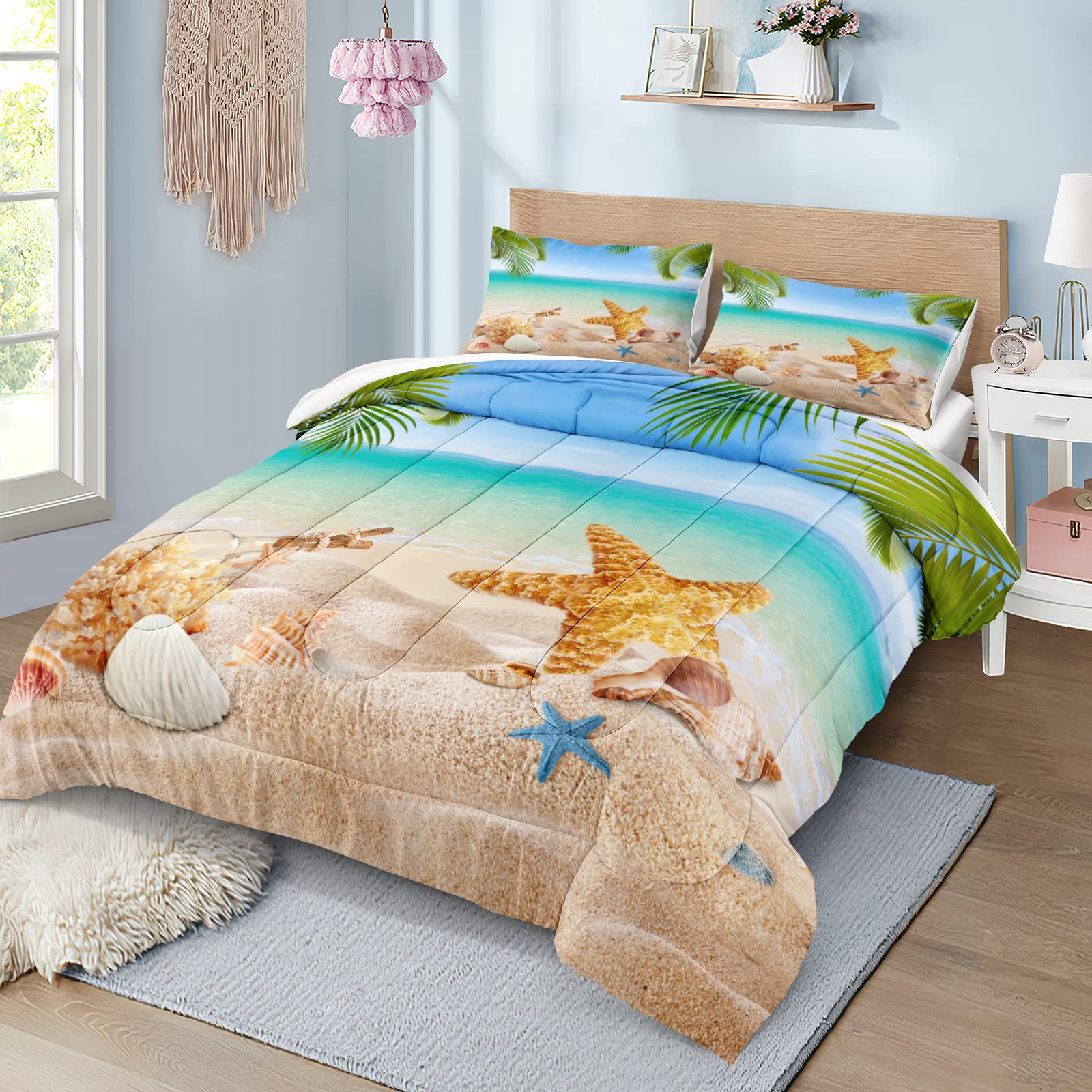 Ocean Beach Themed Queen Size Bedding Set - Tropical Palm Tree Comforter with Conch & Starfish Print | Coastal Style Summer Bedding for Beach House, Vacation Rental & Coastal Decor
