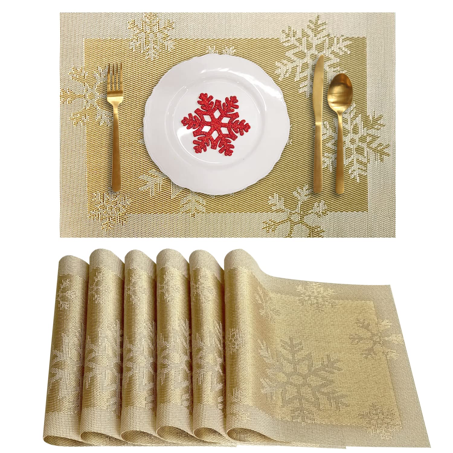 6-Piece Christmas Woven Vinyl Non-Slip Placemats Set - Washable & Anti-Skid Table Mats for Kitchen Dining, Holiday Decor (Snow Gold) | Perfect for Festive Dinner Parties & Family Gatherings