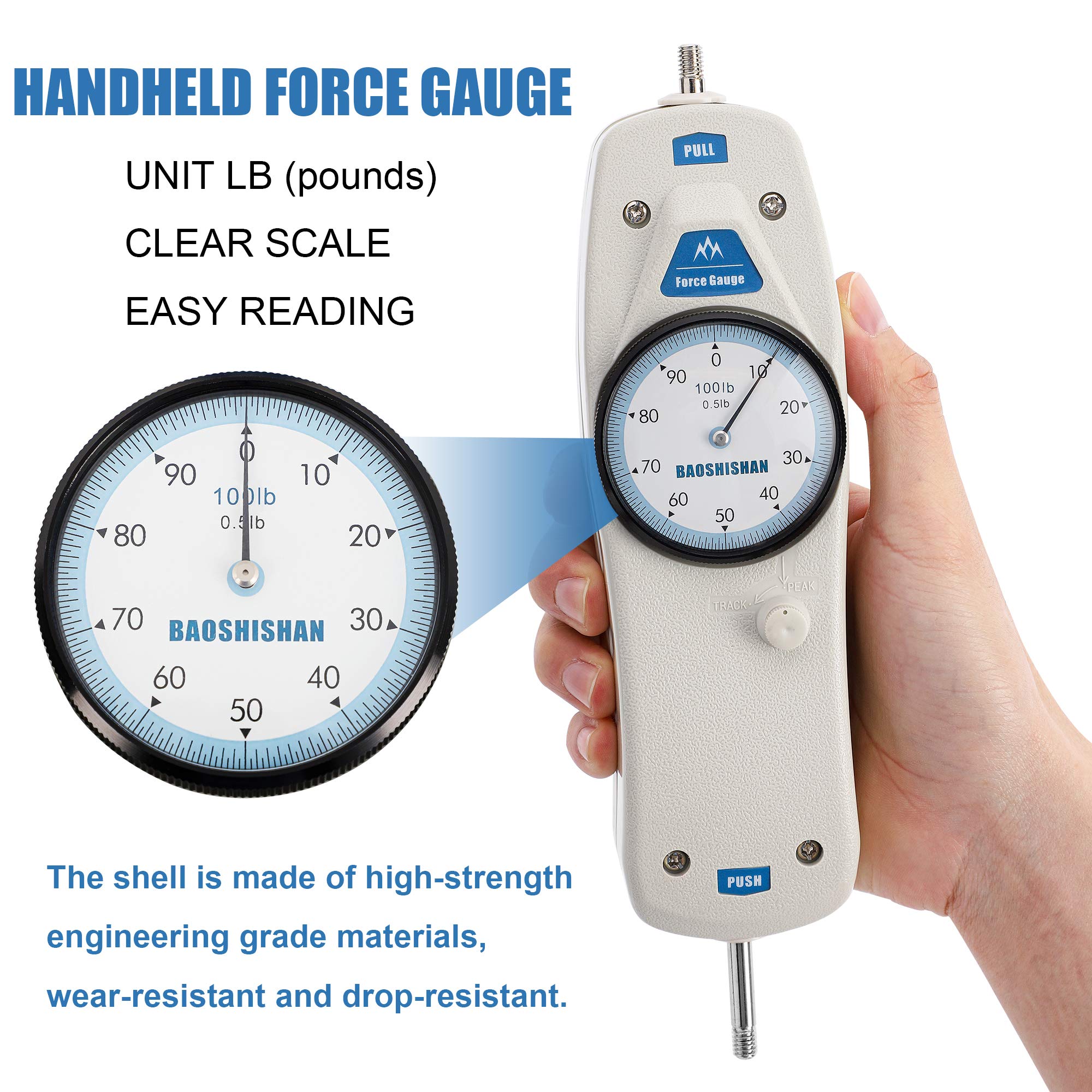 BAOSHISHAN 100lb Digital Push Pull Force Gauge Tester with Calibration Certificate - Portable Force Measurement Tool for Tension & Compression Testing, Industrial Quality Control, School Physics Labs, and Product Destructive Testing (DL-100LB)