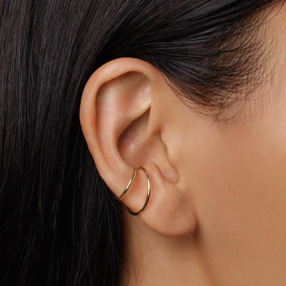 10k Gold Double Band Single Ear Cuff - Elegant Cartilage Earring for Women - Perfect for Parties, Weddings & Everyday Wear
