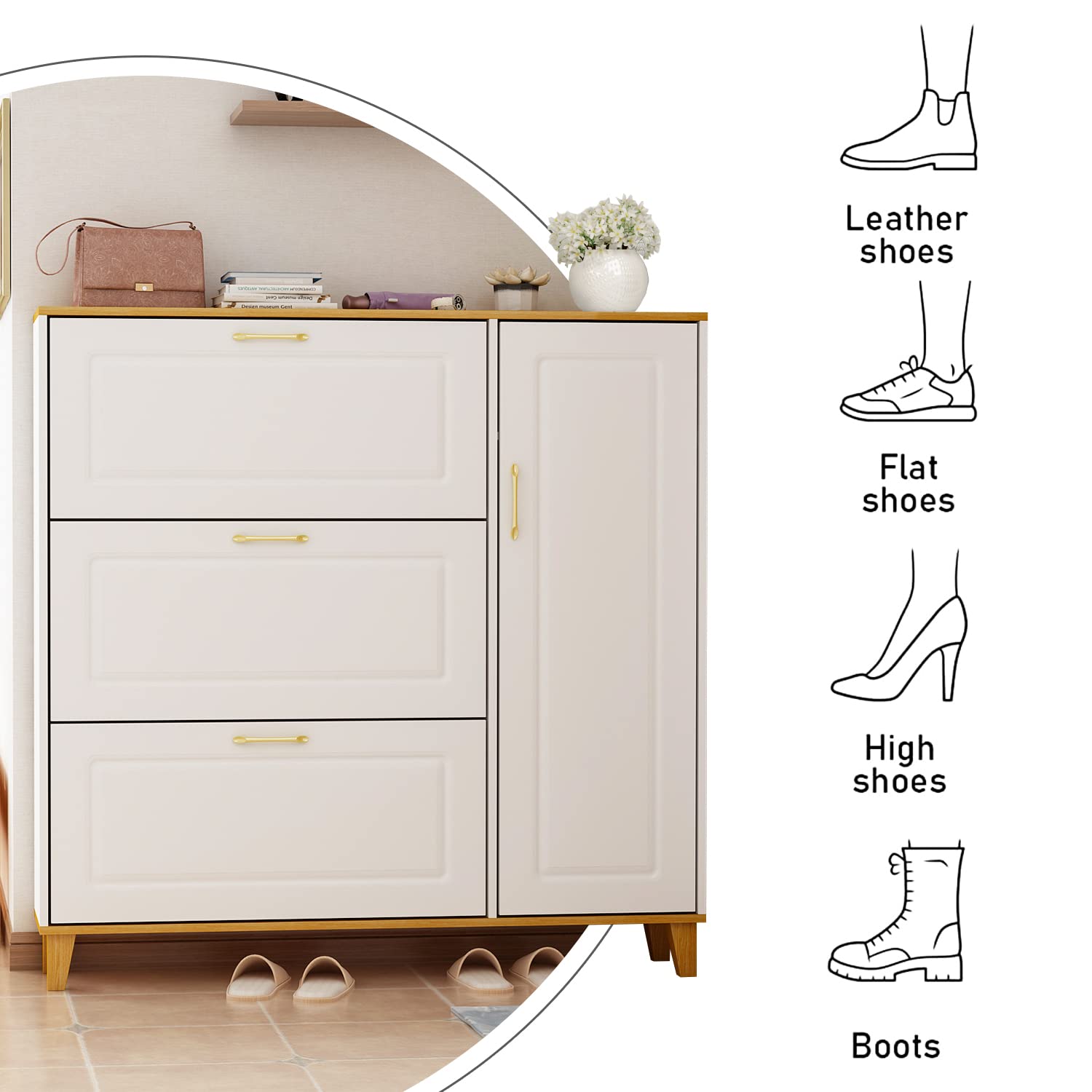Modern Shoe Cabinet with 3 Flip Drawers & 1 Door - Freestanding Entryway Shoe Storage Organizer, White (47.2”W x 9.5”D x 47.2”H) - Perfect for Small Spaces, Apartments & Closet Organization